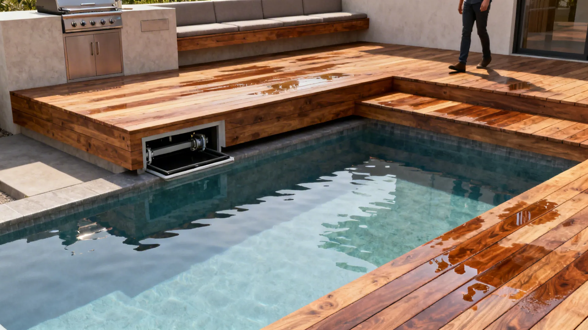Small plunge pool next to a raised multi-level wooden deck with seating and a grill.