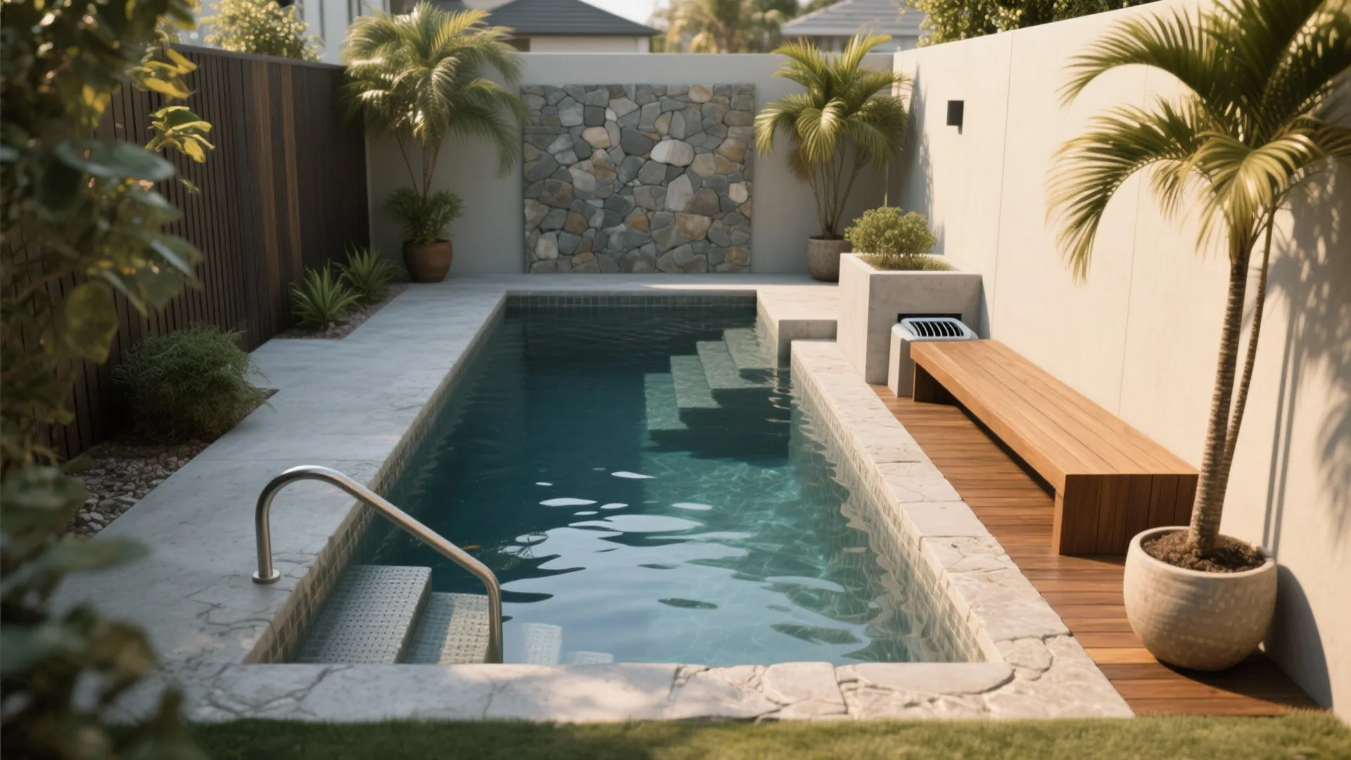 Modern backyard swimming pool with stone walls wooden benches green palm trees and clear blue water