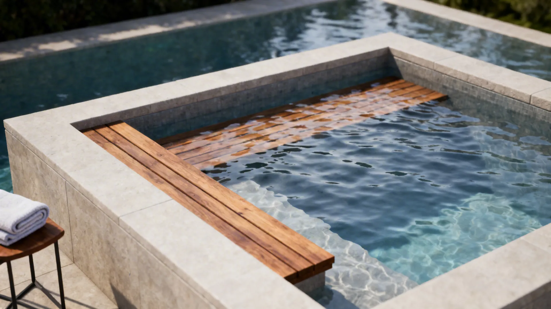 Rectangular plunge pool with built-in bench and stone coping in soft daylight.