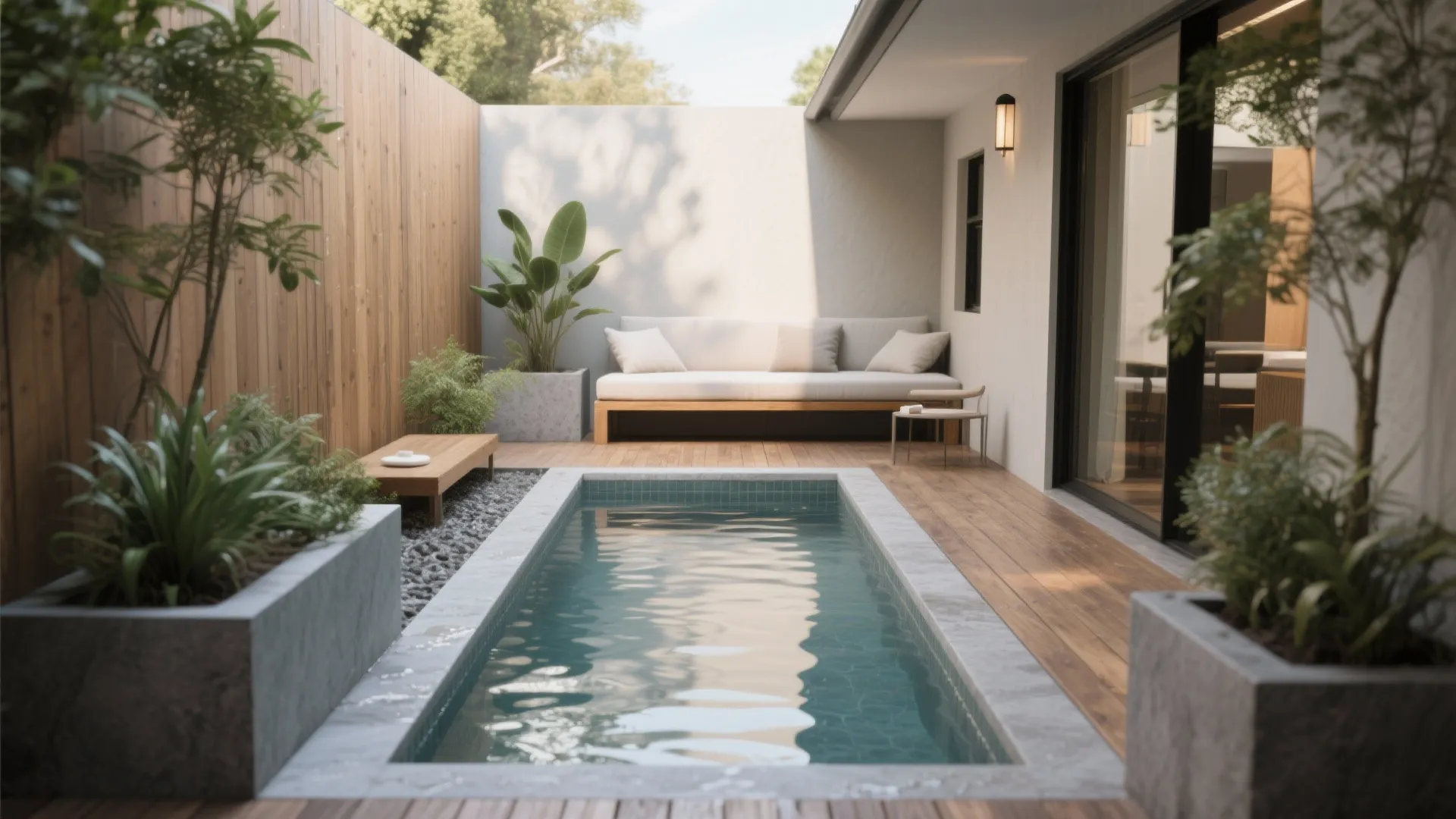 Modern narrow backyard featuring a small swimming pool wooden deck white sofa and green plants