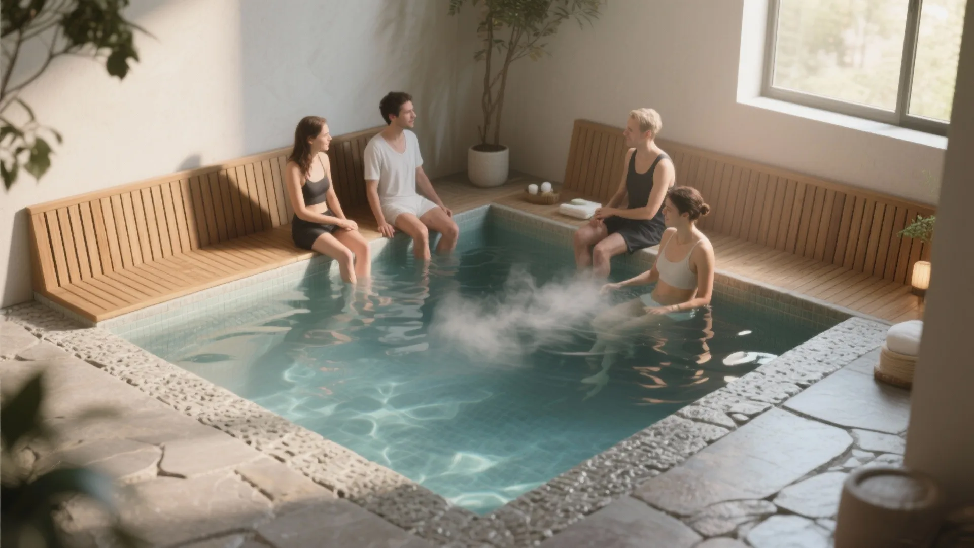 Four people sitting on wooden benches around a small indoor square pool with steam rising