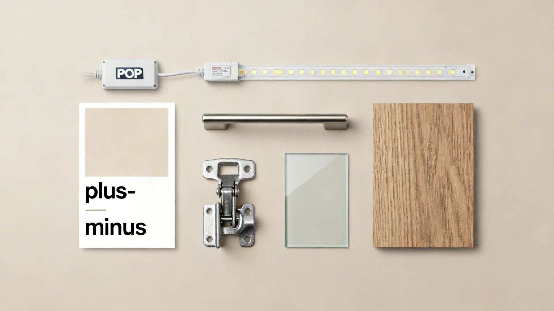 Flat lay of POP paint, LED parts, slim pull, hinges, glass, and wood veneer for small kitchens.