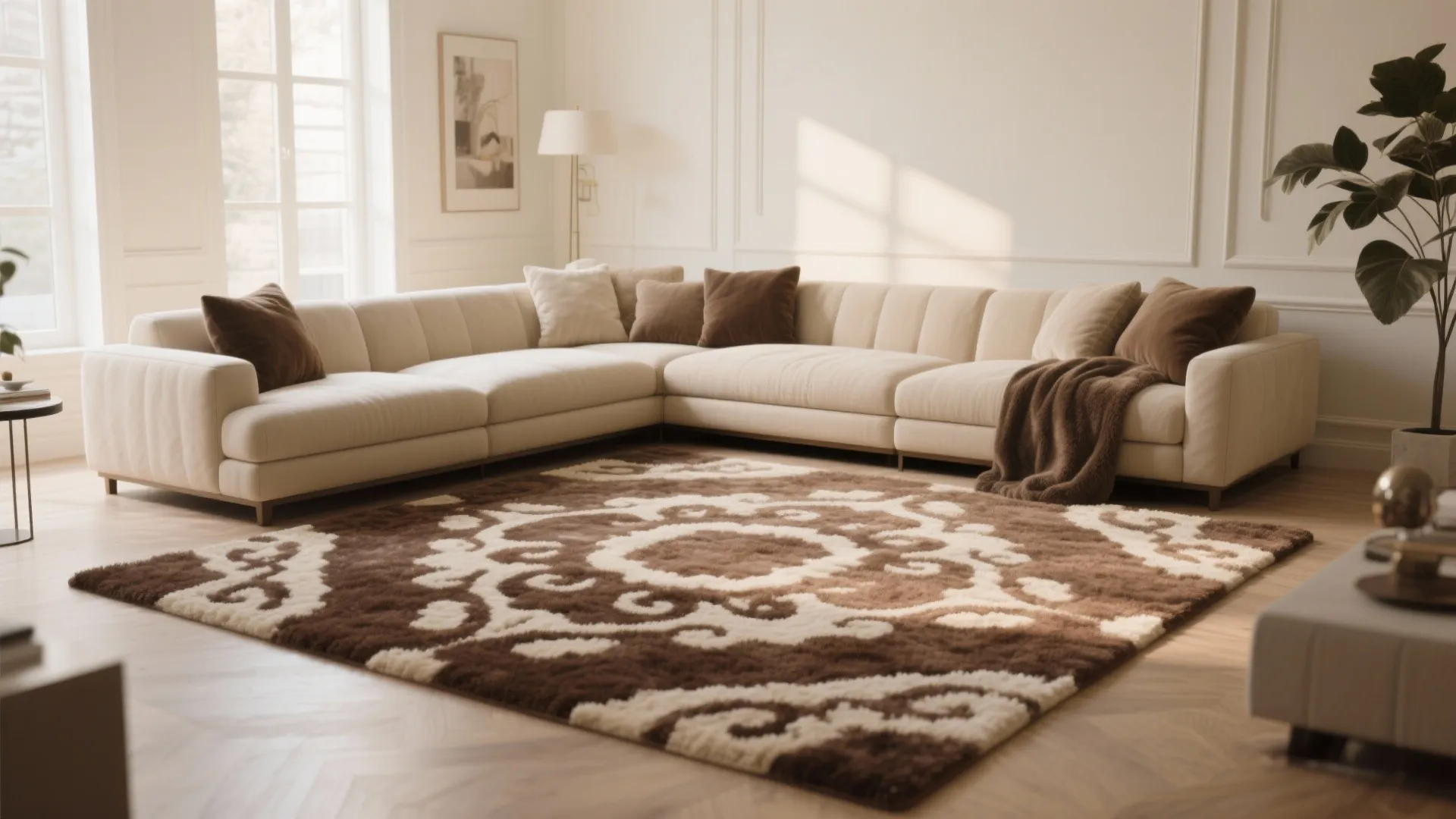Modern living room with a brown patterned rug beige sofa white walls and a plant