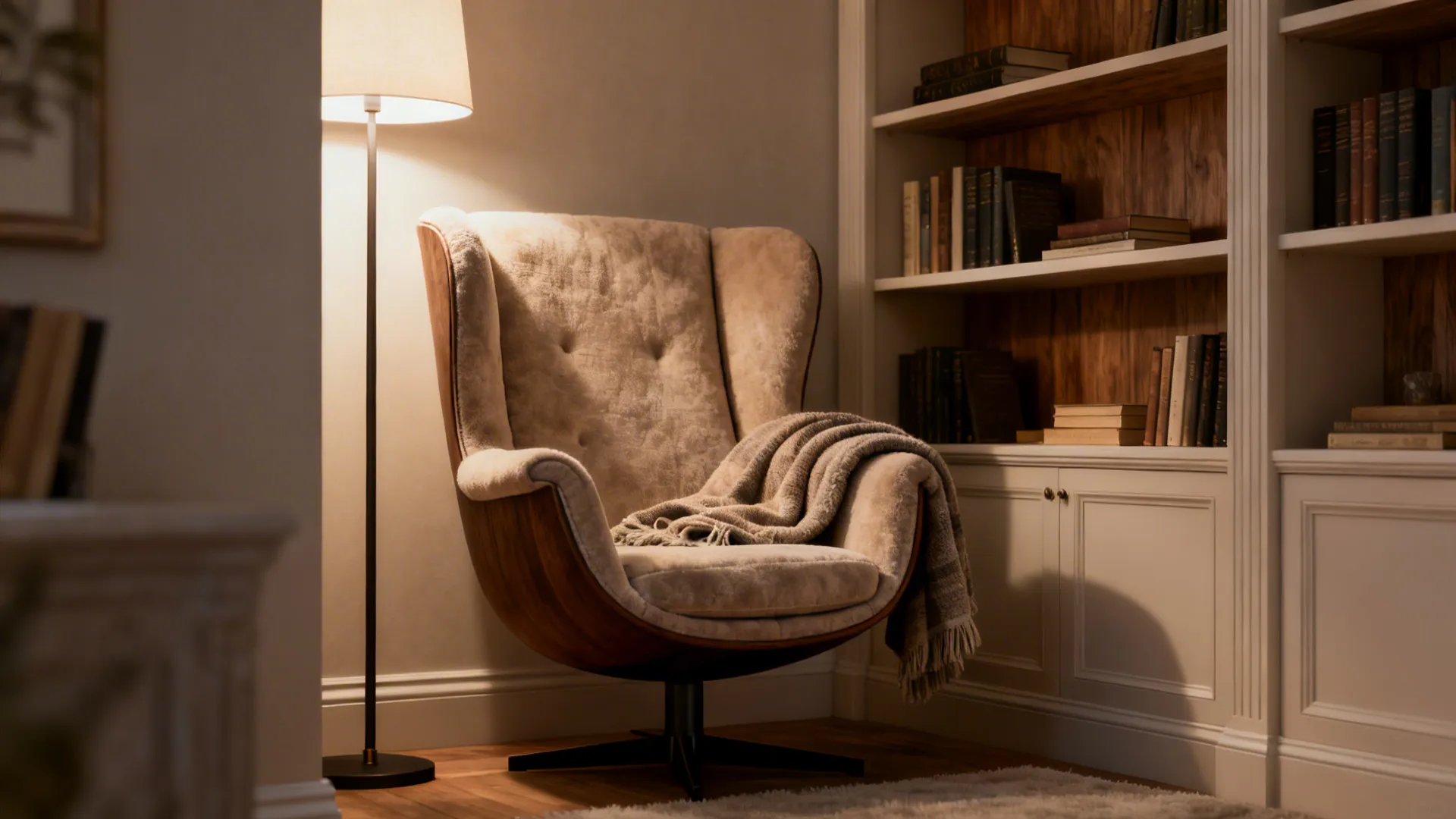 Plush barrel swivel chair in a corner reading nook with a floor lamp and soft throw.