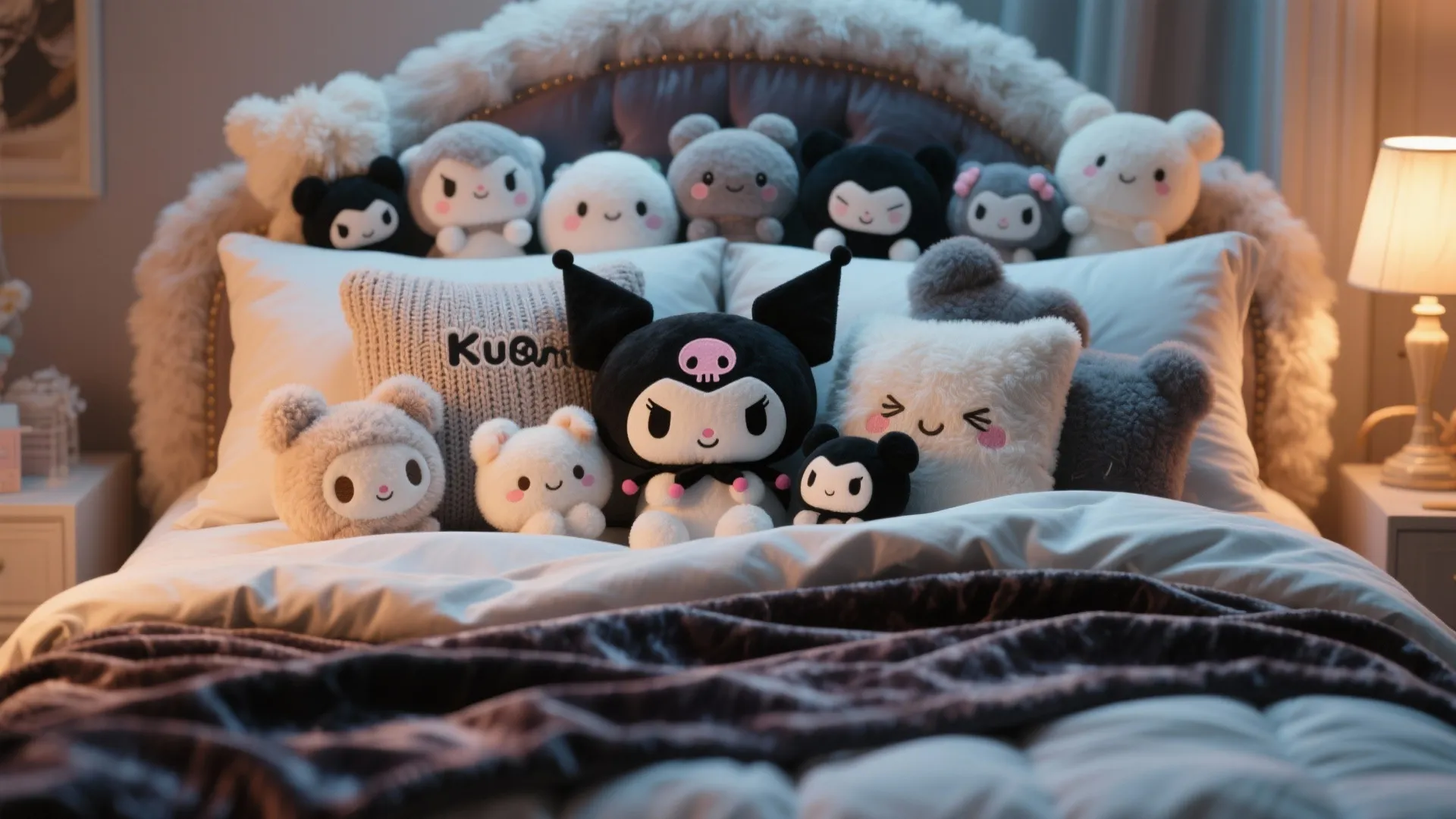 Cozy bed covered with many cute stuffed animals white pillows and a small warm table lamp