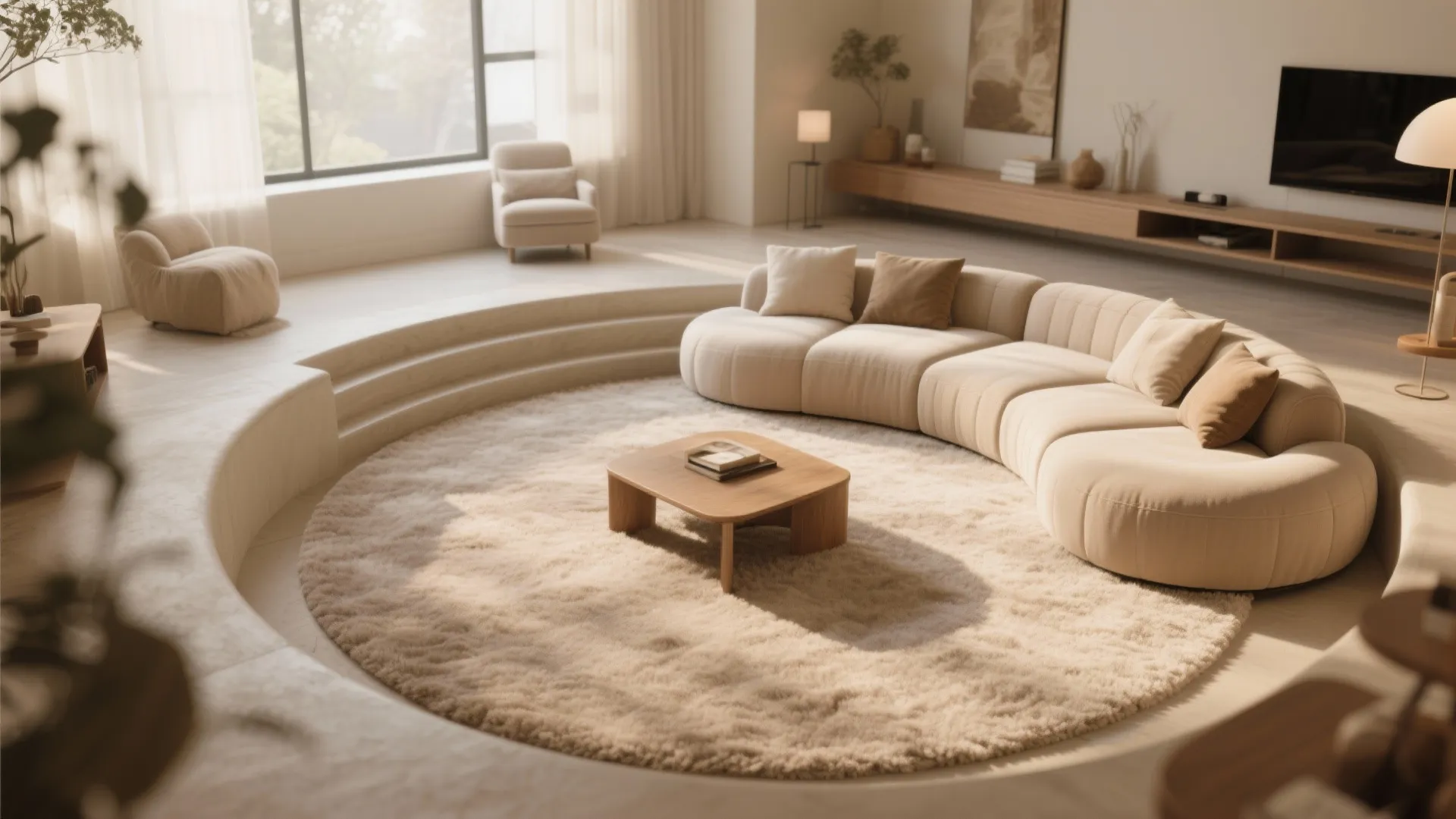 Circular sunken living room with curved beige sofa plush round carpet and wooden coffee table