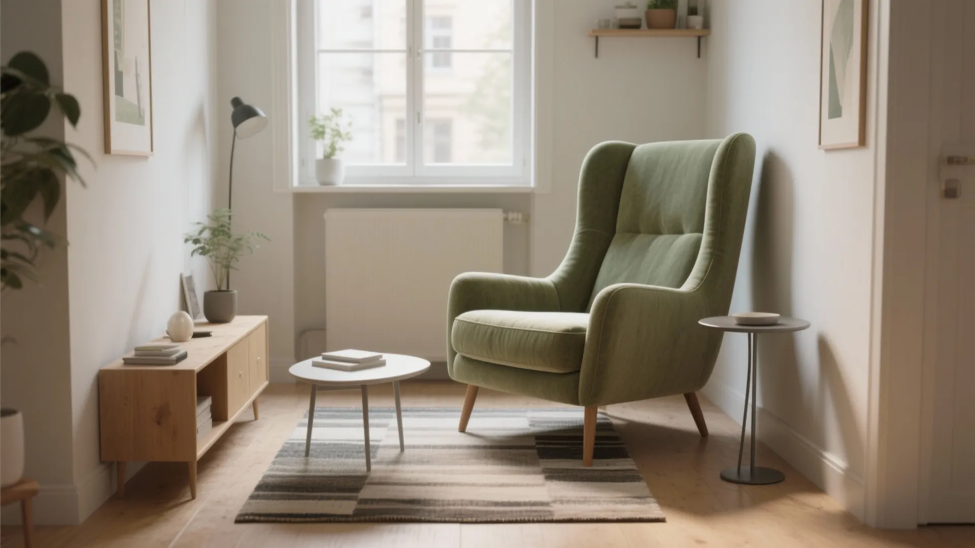 Green soft armchair in a bright room with small white coffee table and wooden cabinet