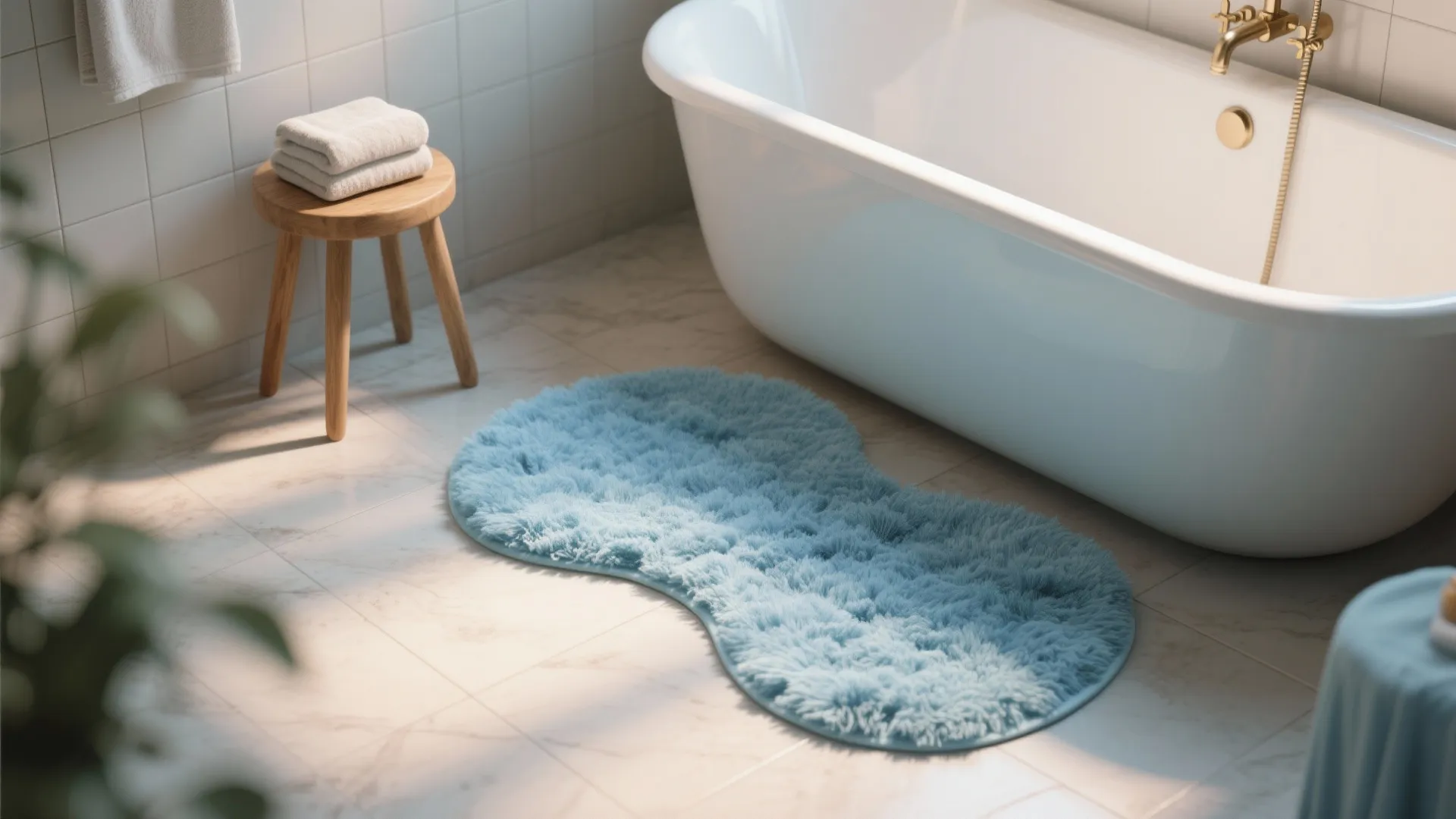 Cozy bathroom corner with a plush sky-blue contour rug around the tub and wooden stool