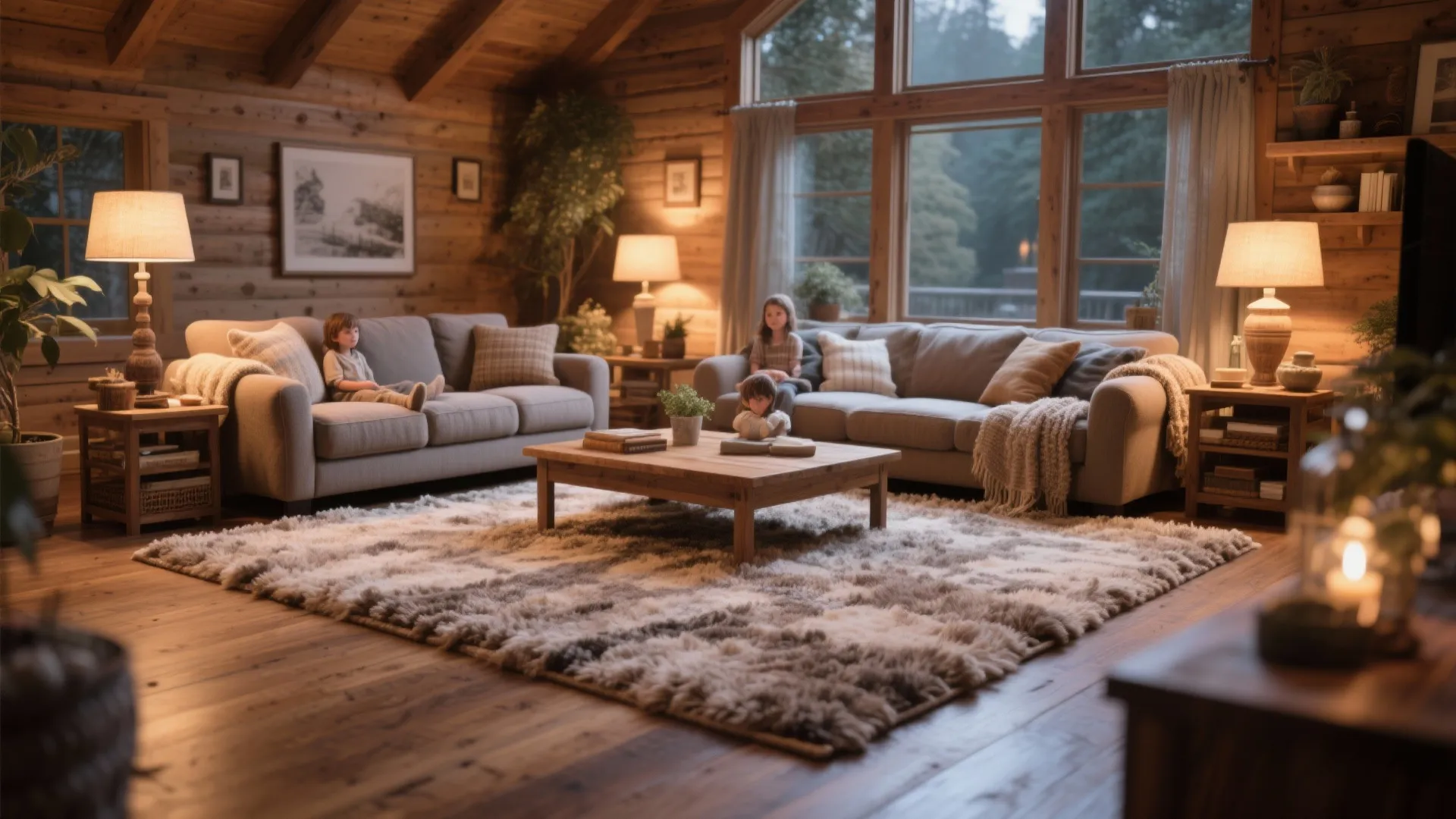 Cozy wooden cabin living room with soft plush rug grey sofa coffee table and warm lamps