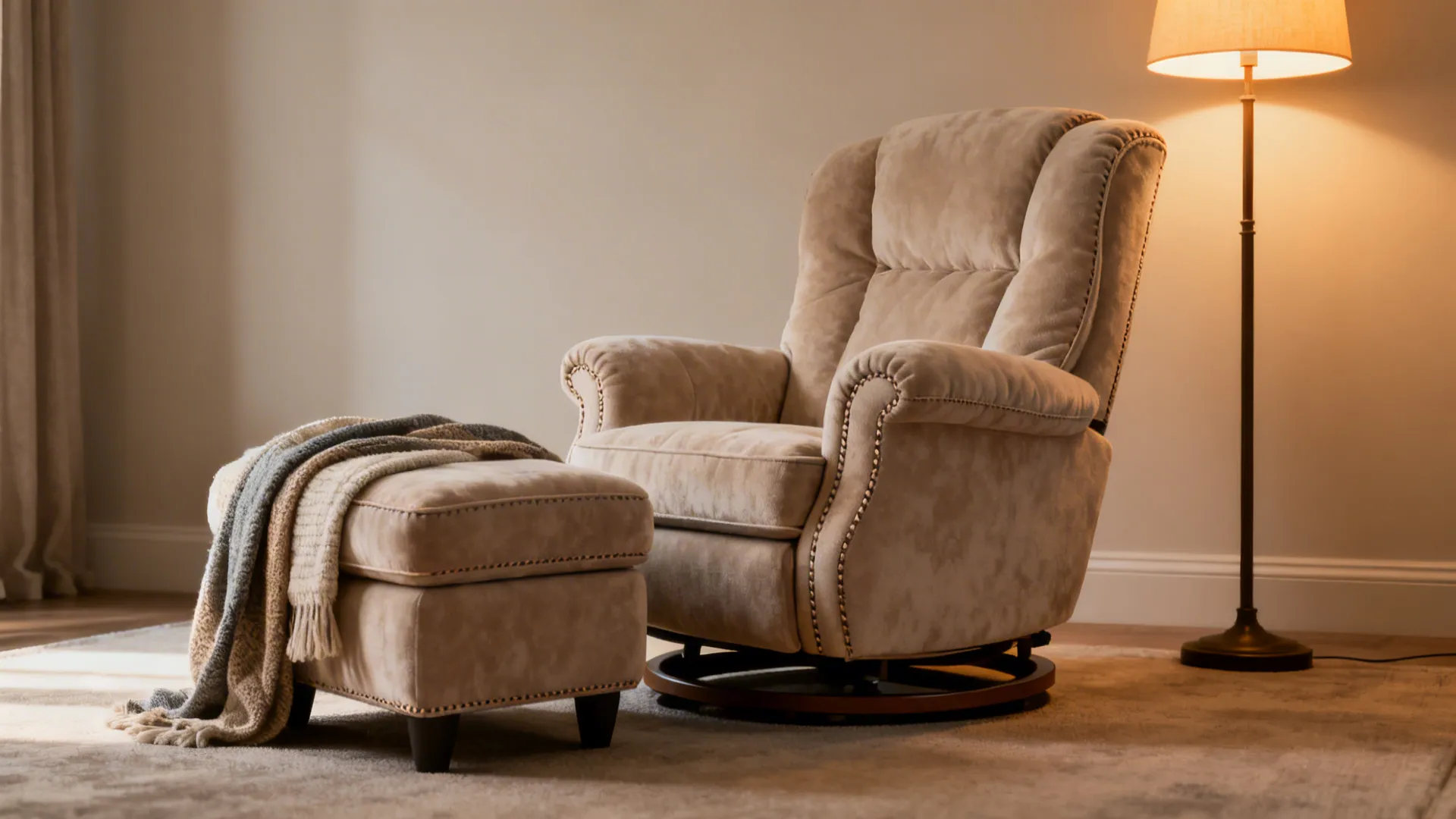 Cozy reading corner with a plush high-back swivel glider and matching ottoman under warm light.