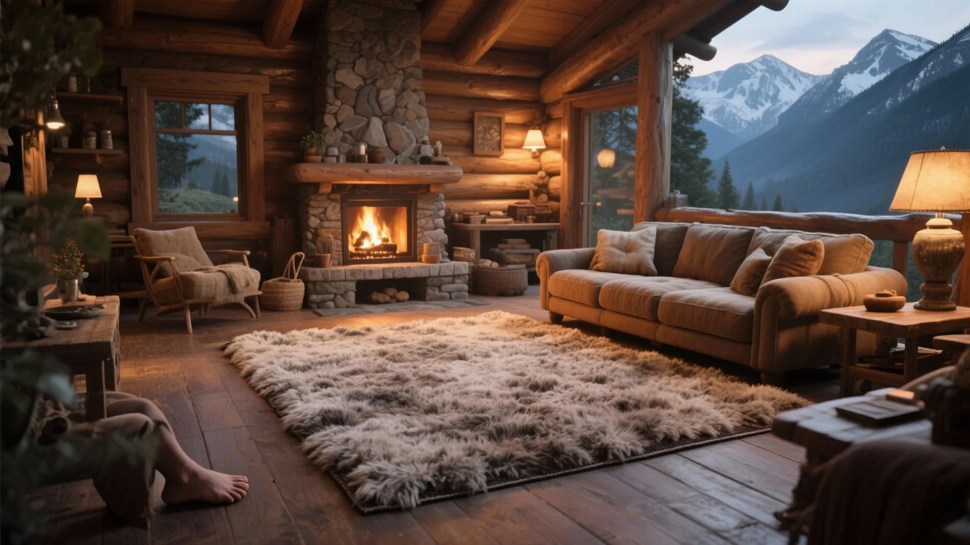 Rustic log cabin interior with stone fireplace fuzzy rug brown sofa and mountain view windows