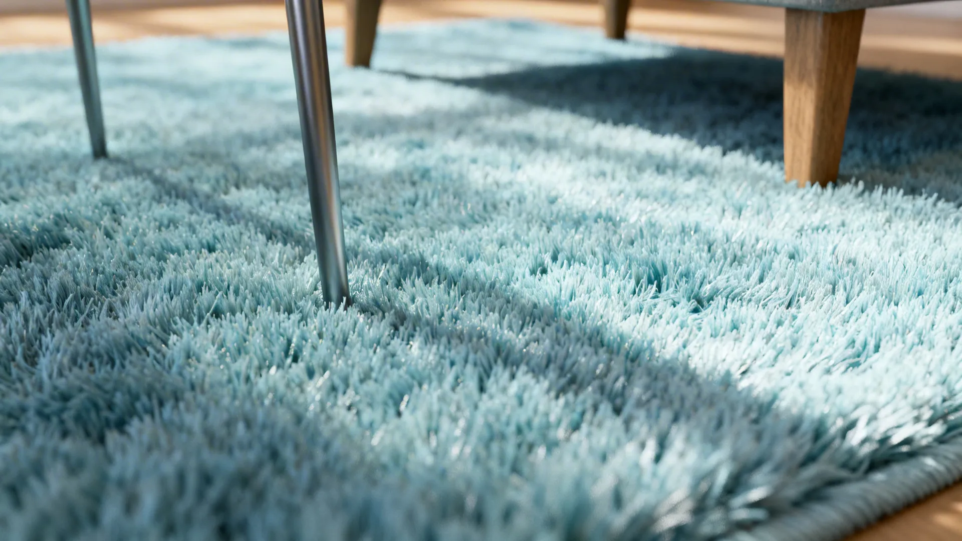 Light blue shaggy rug with furniture legs on wooden floor under bright natural warm sunlight