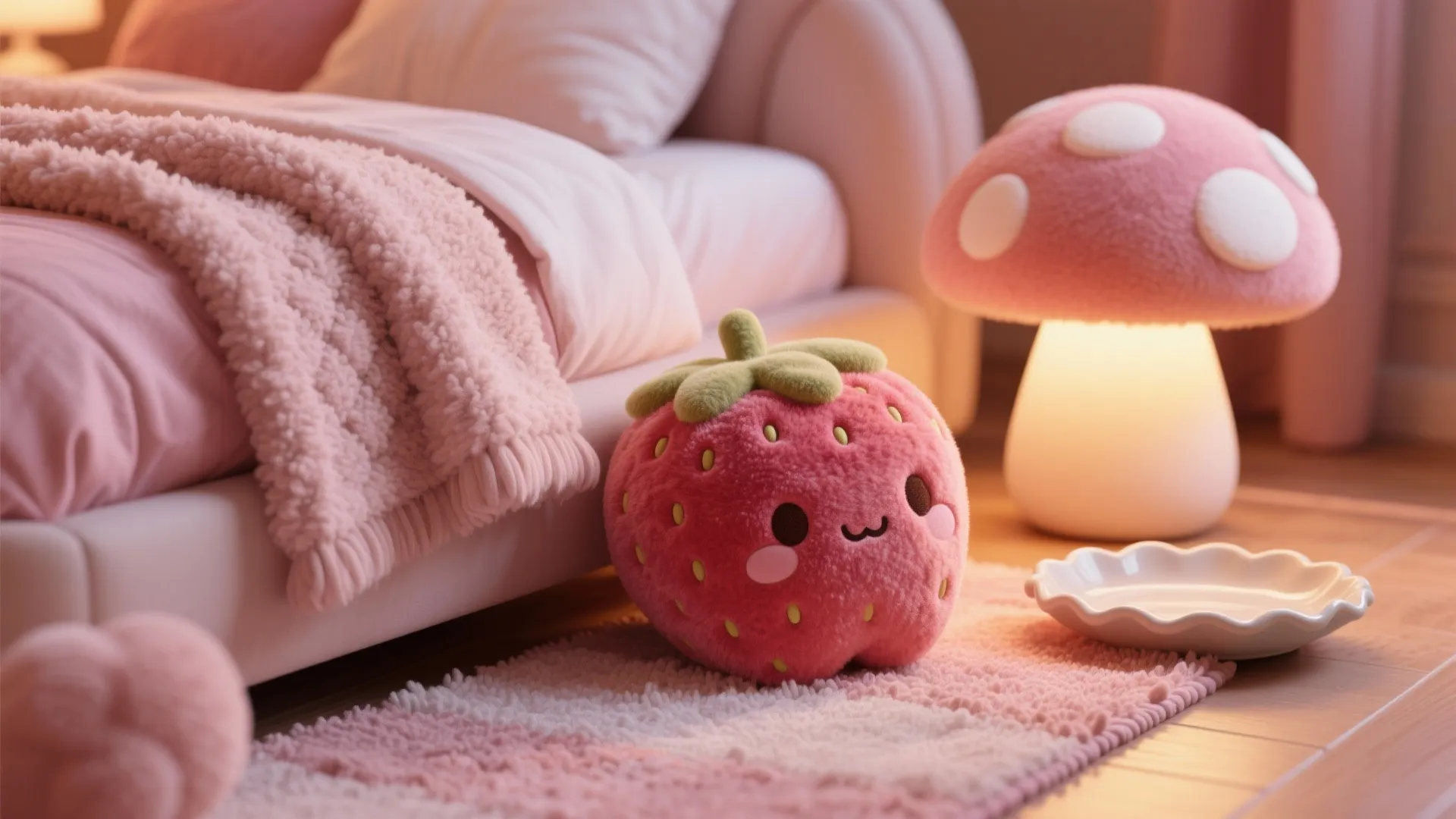 Pink strawberry plush toy sitting on a soft rug next to a glowing mushroom table lamp