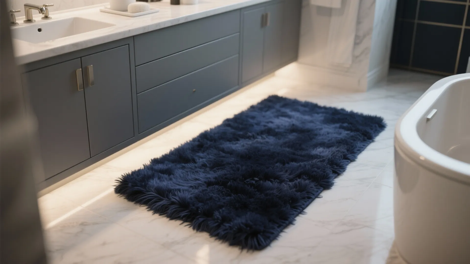 Navy blue soft floor rug placed on white marble tiles next to a grey cabinet