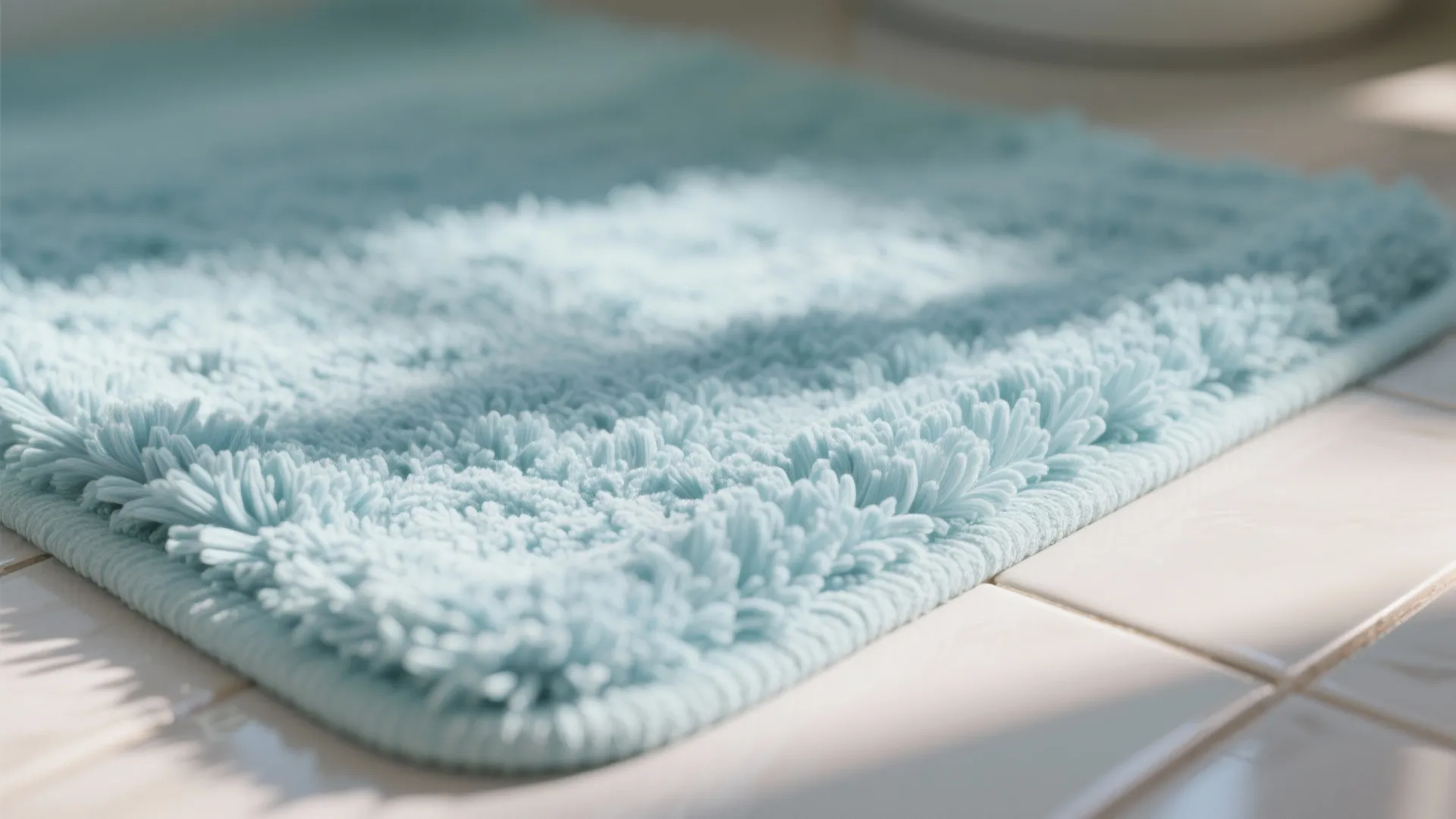 Close up of a soft light blue bath mat on white floor tiles under bright sunlight