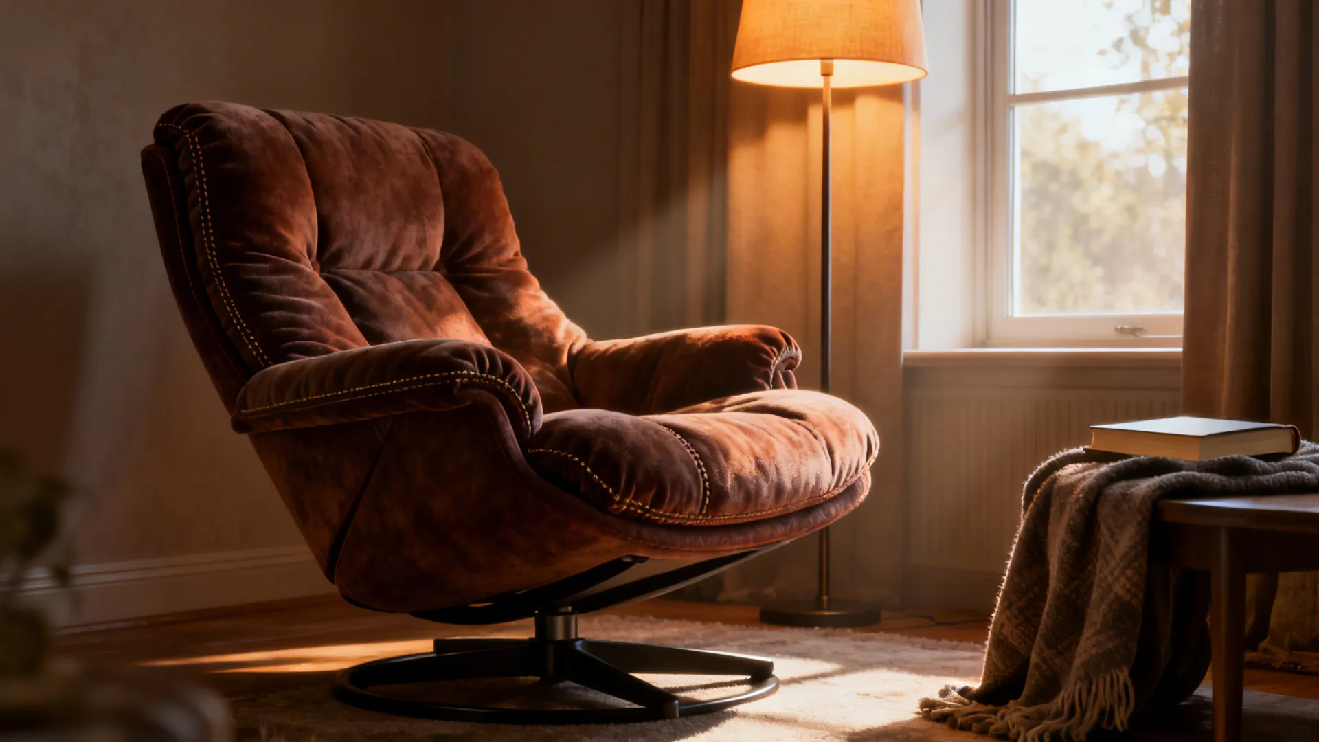 Plush reclining swivel chair in a cozy reading nook with warm light and a side table.