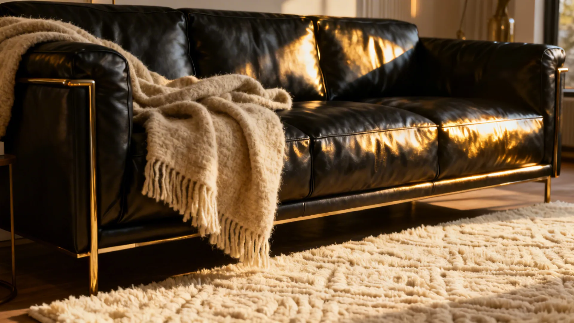 Black leather sofa with textured cream rug and wool throws in a cozy living area.