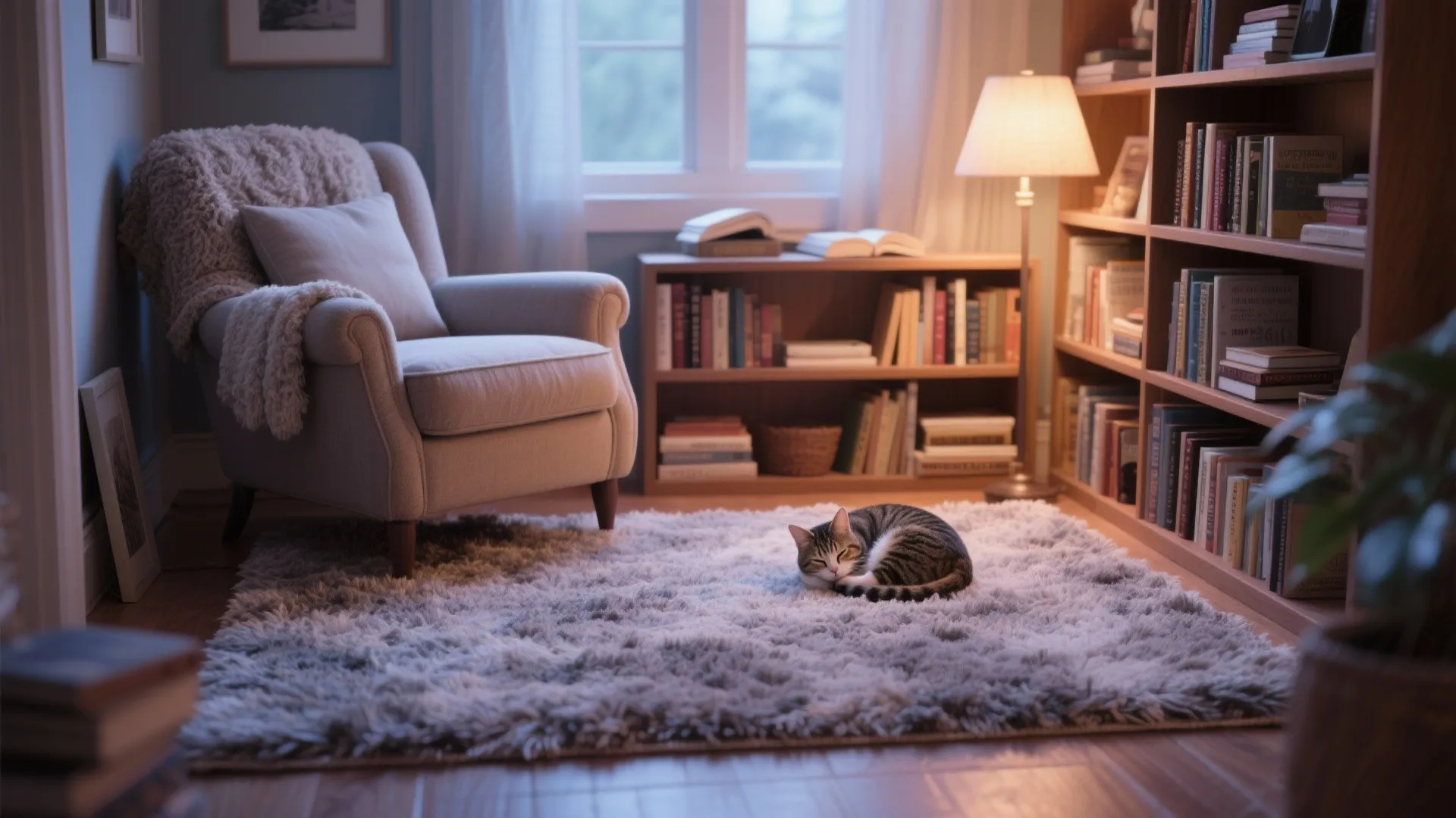 Cozy reading corner with armchair plush rug sleeping cat floor lamp and tall wooden book shelves