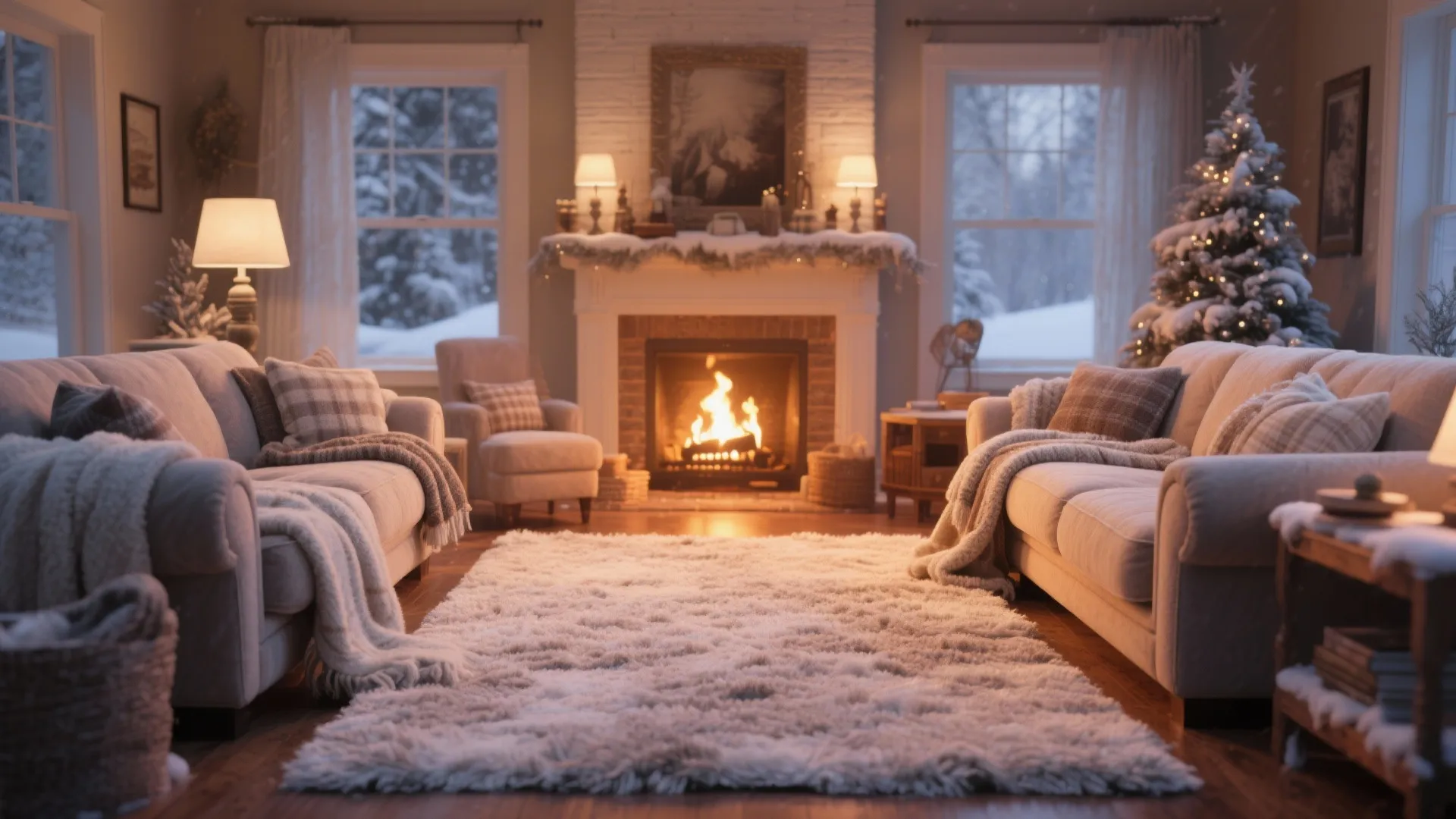 Cozy living room with high-pile rug and fireplace