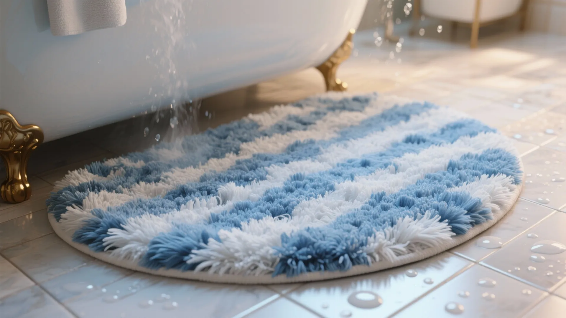 Soft blue and white striped bath mat on a tiled floor next to a white bathtub