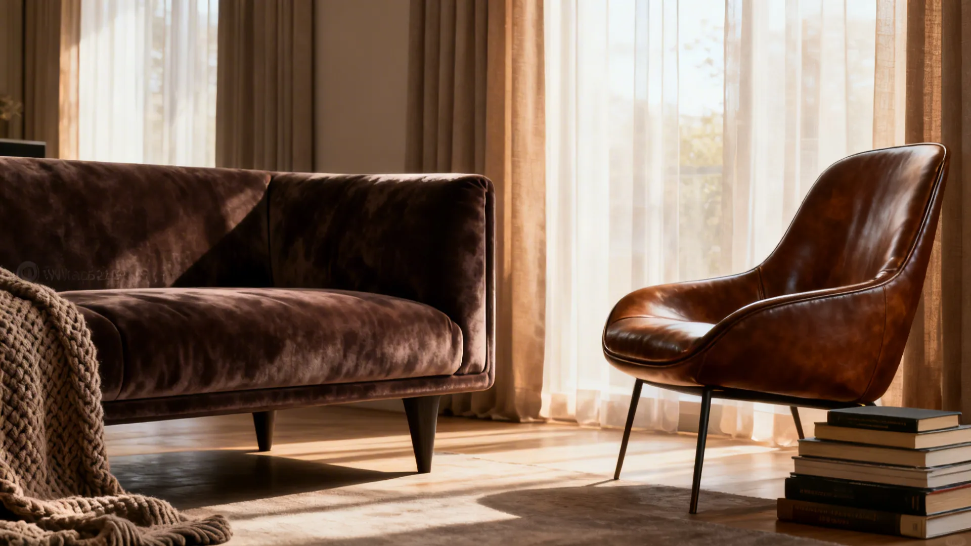 Cozy room with a deep plush sofa balanced by a streamlined mid-sized chair and layered textures.