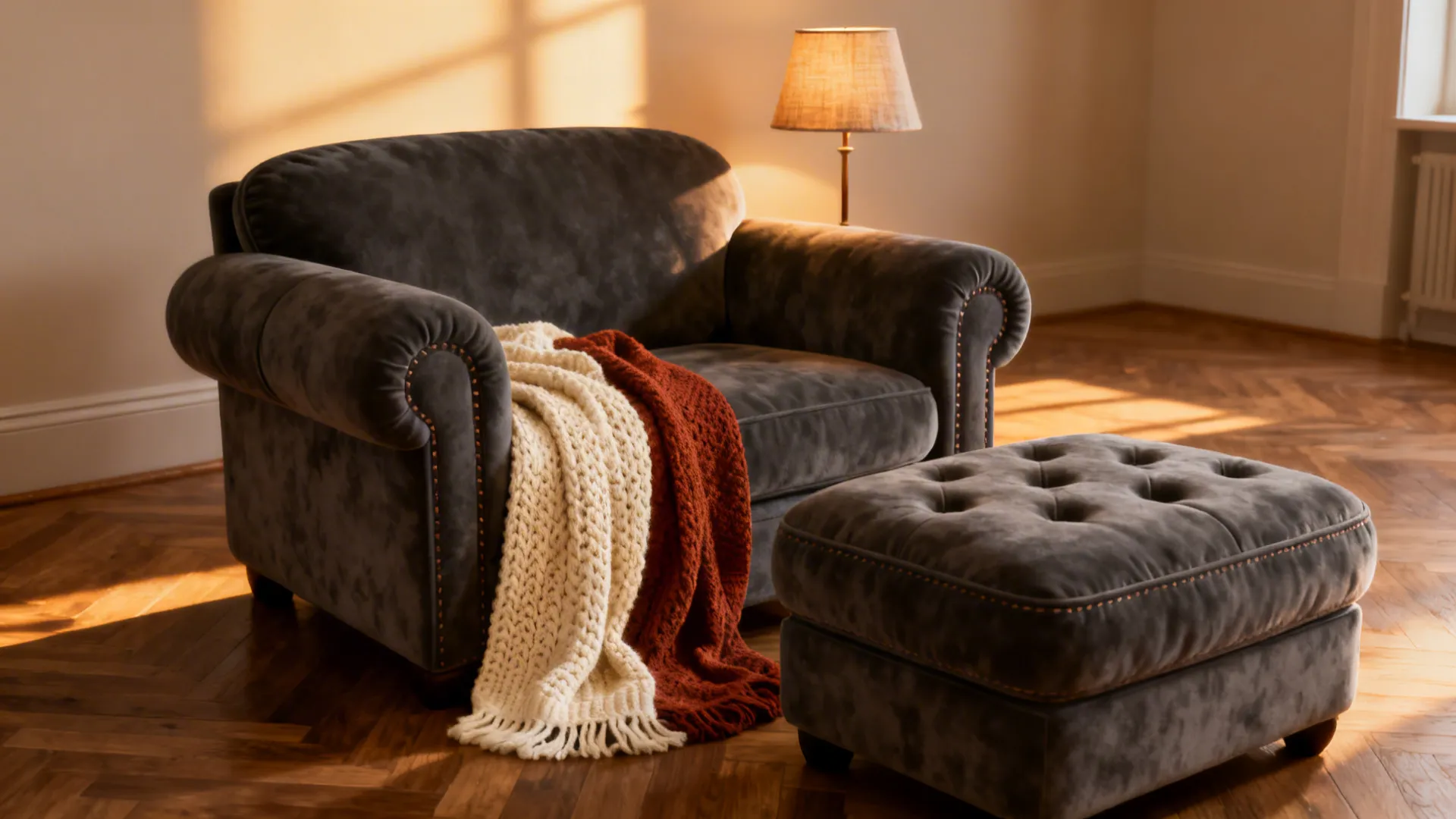 Plush swivel gray chair with matching ottoman in a cozy TV nook with warm ambient light.