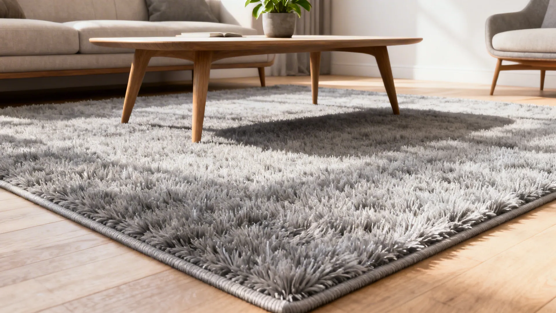 Living room with a plush synthetic blend rug in mid-gray under a coffee table, showing soft pile and affordability.