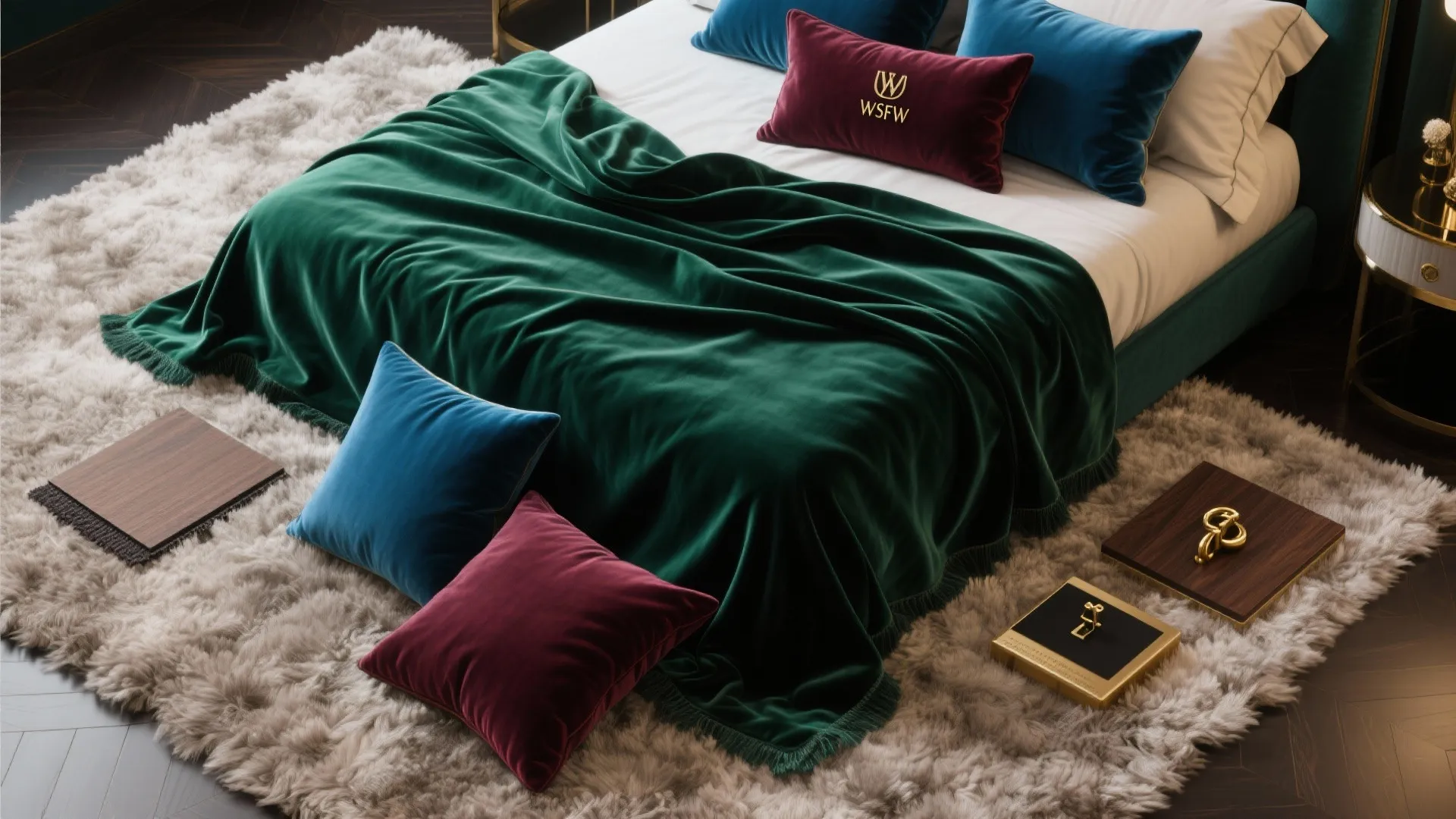 Bed with green velvet blanket, blue and red pillows, fluffy rug and dark wooden floor