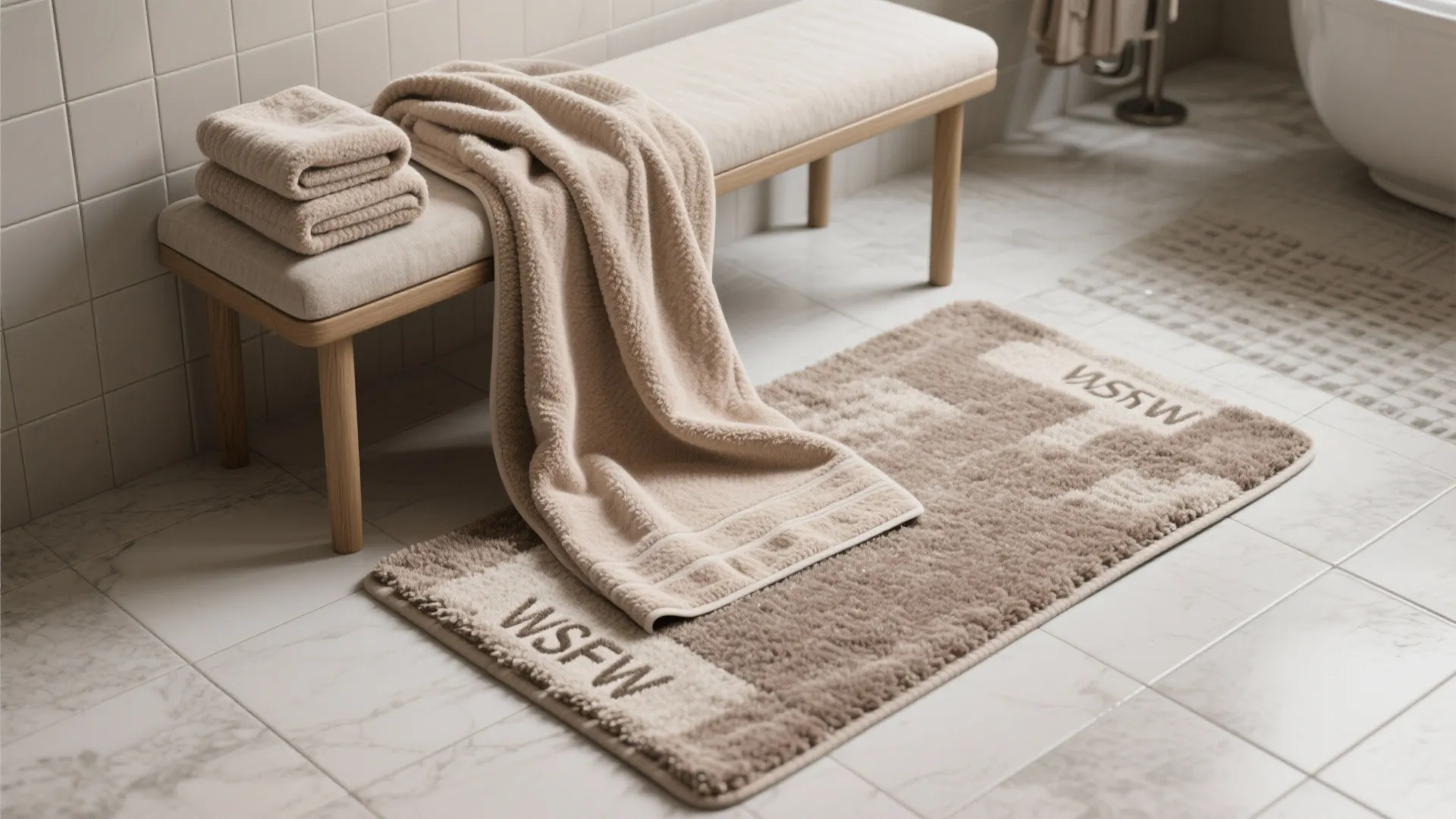 Soft beige towels on wooden bench placed next to a fluffy brown bath mat on floor