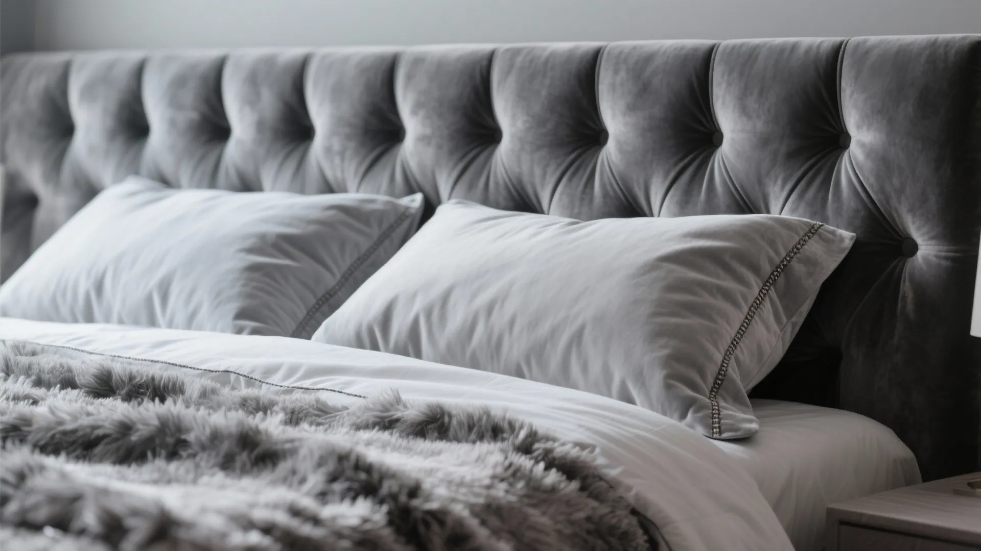 Close up of a grey tufted headboard on a bed with white pillows and throw