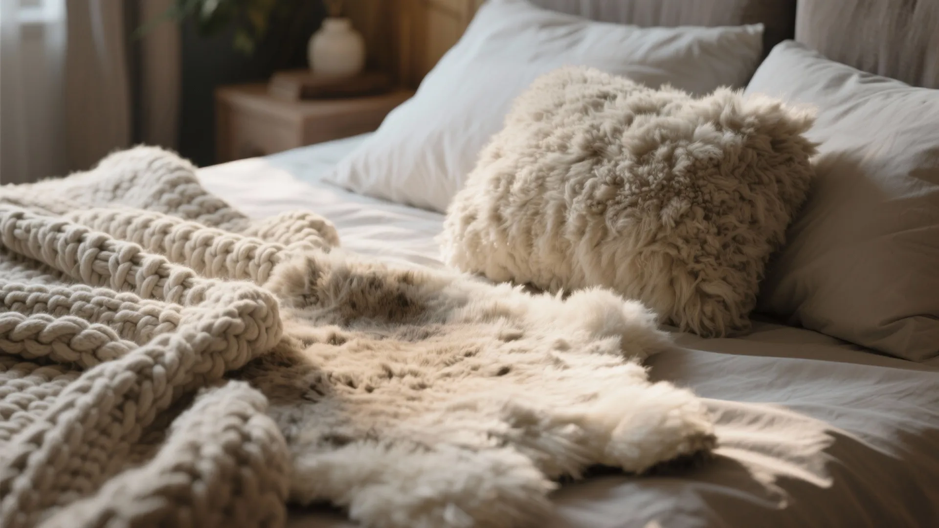 Close up of soft fluffy pillows and a thick wool blanket on a cozy bed