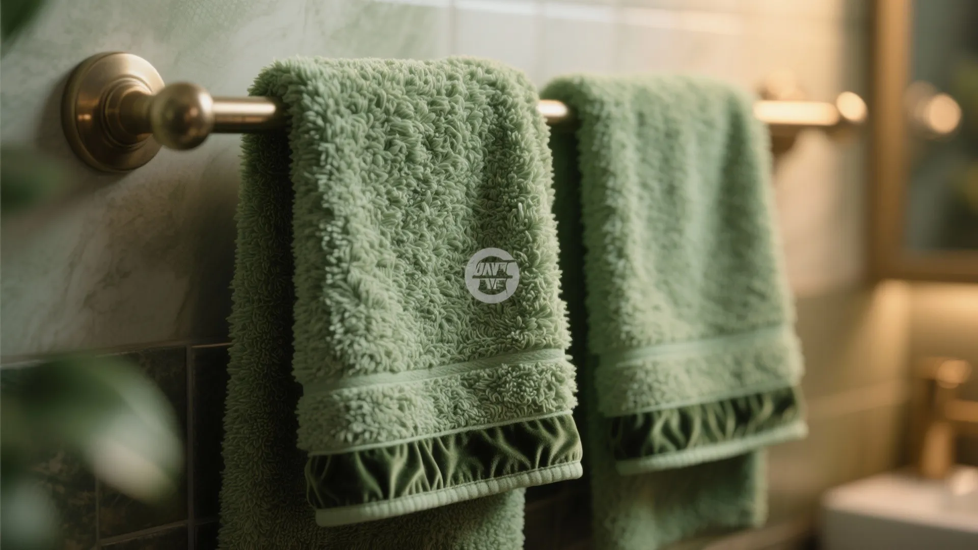 Macro view of plush moss-green towels and a shaggy bathmat showing rich texture and fibers.