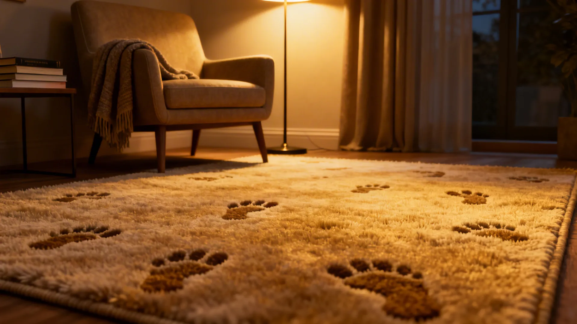 Cozy reading nook with a plush wool-blend rug, armchair, lamp, and books