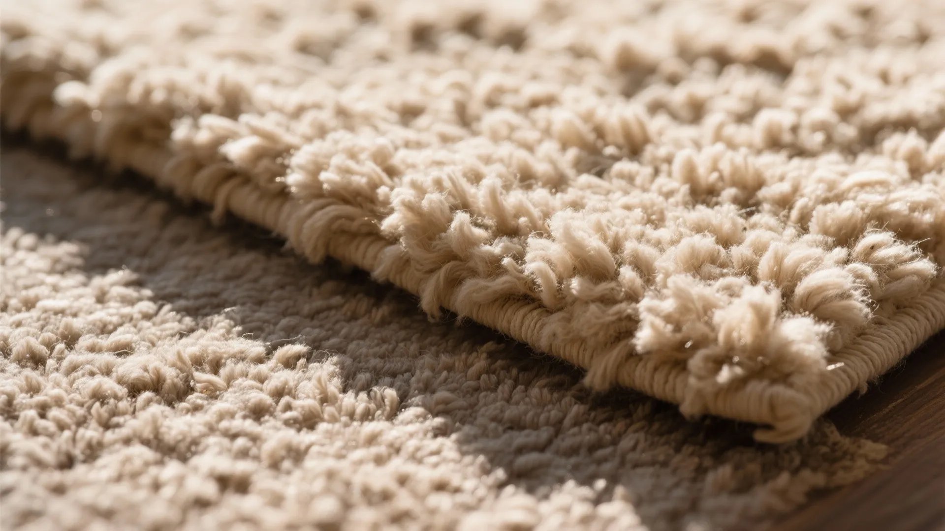Close up view of a soft beige wool rug showing thick texture and soft morning sunlight
