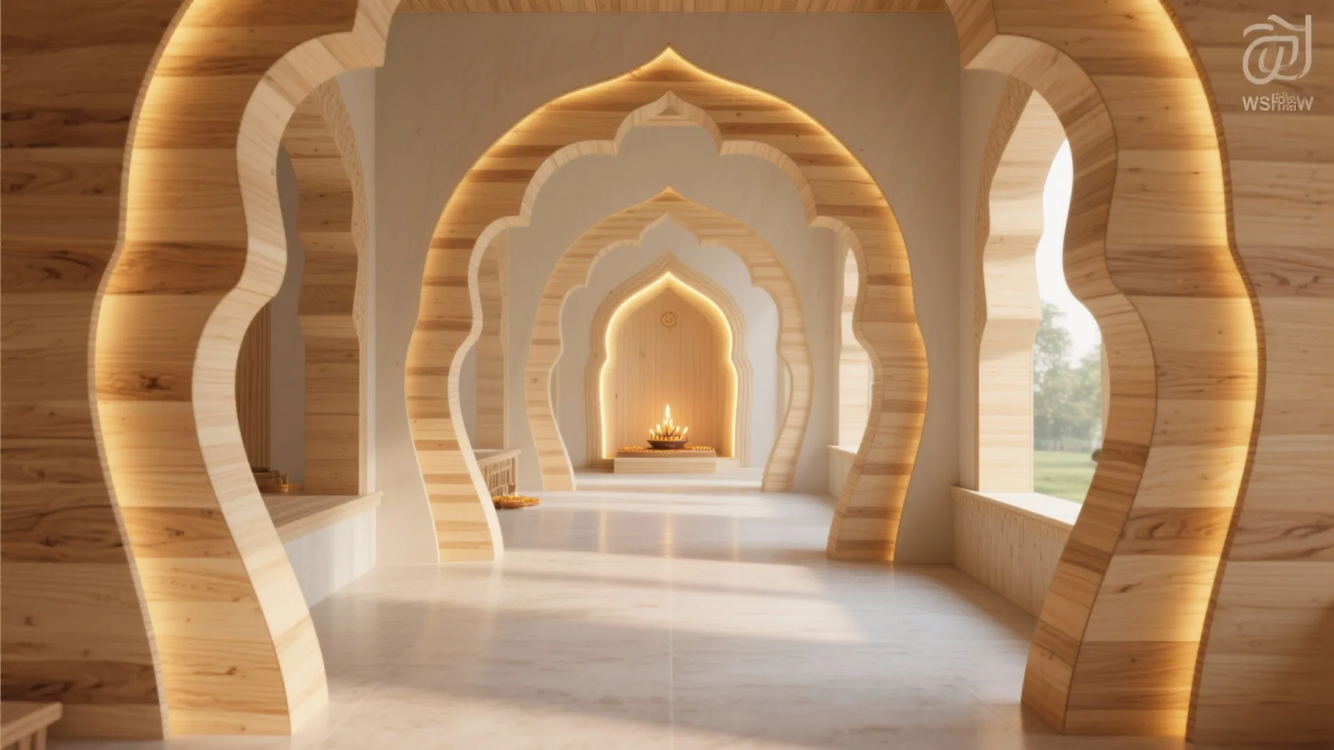4) Layered plywood arches for a soft, temple-like feel