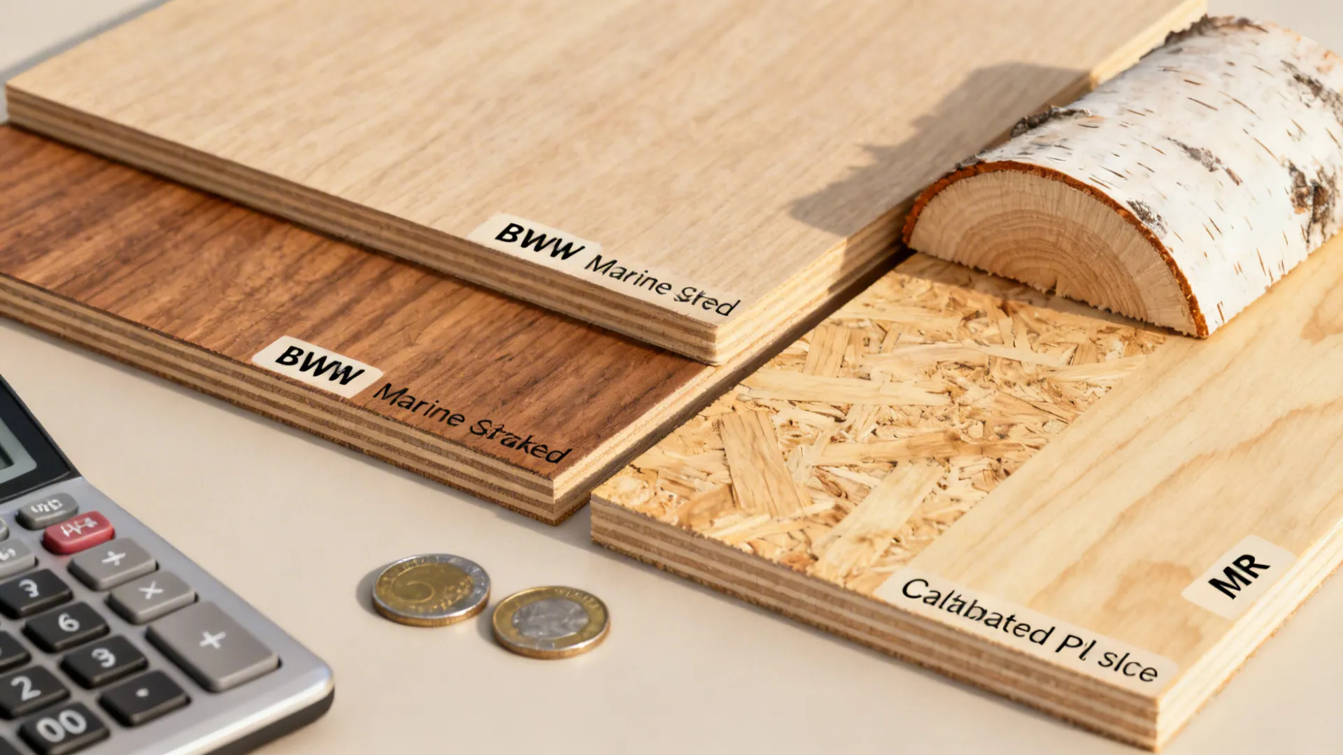Flat-lay of BWP, BWR, MR, calibrated, and birch plywood samples with budgeting props.