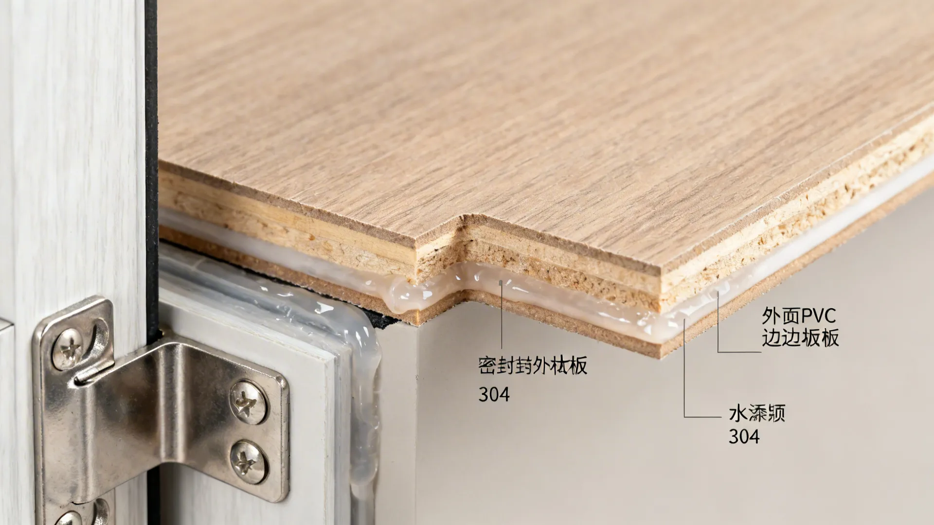 Macro of exterior-grade plywood edge with PVC banding, laminate face, and stainless hinge.
