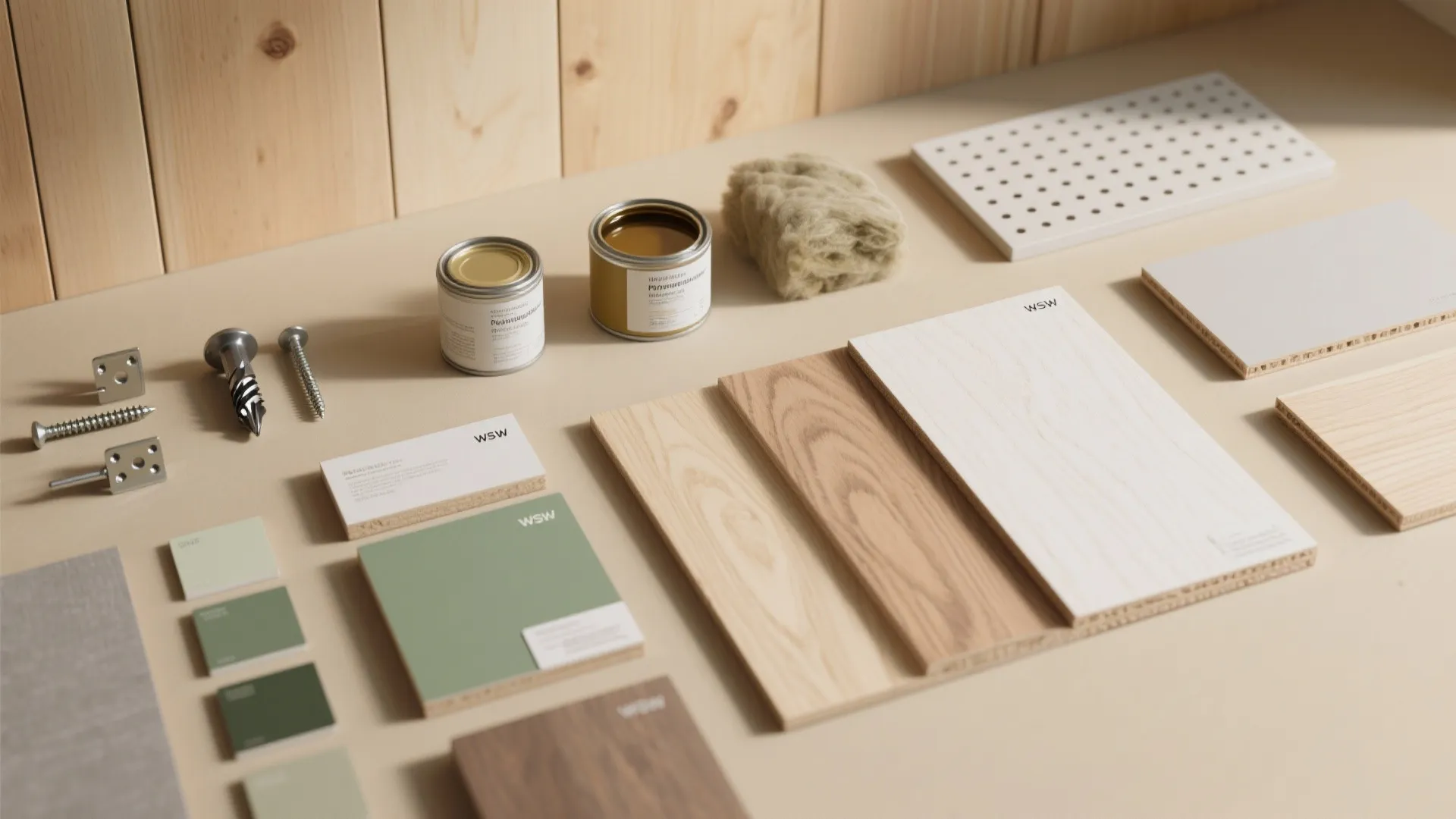 Top-down flatlay of plywood veneer samples, muted green paint chips, finishes, mineral wool, and concealed hardware for wall paneling.