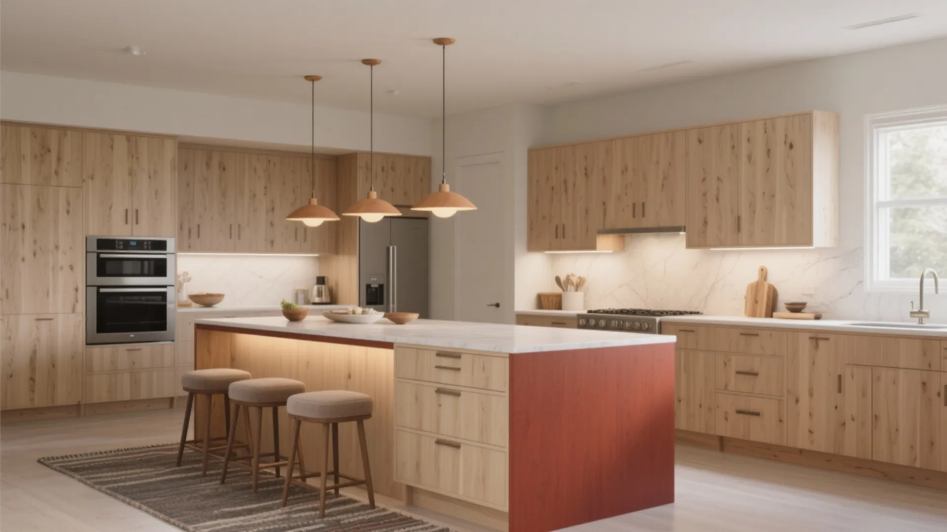 Modern wooden kitchen with marble island three ceiling light fixtures three stools and white window
