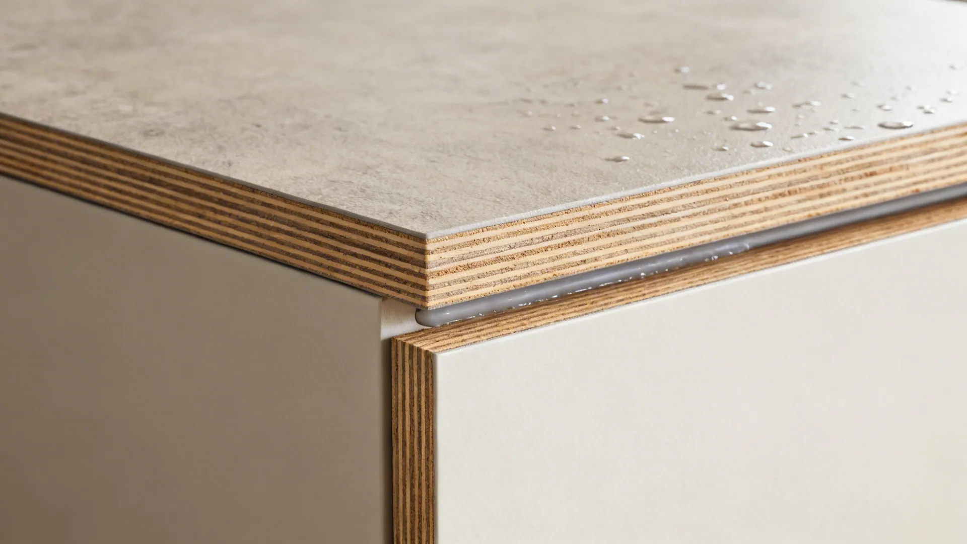Macro detail of plywood carcass with edge banding and HPL door showing moisture-resistant build.