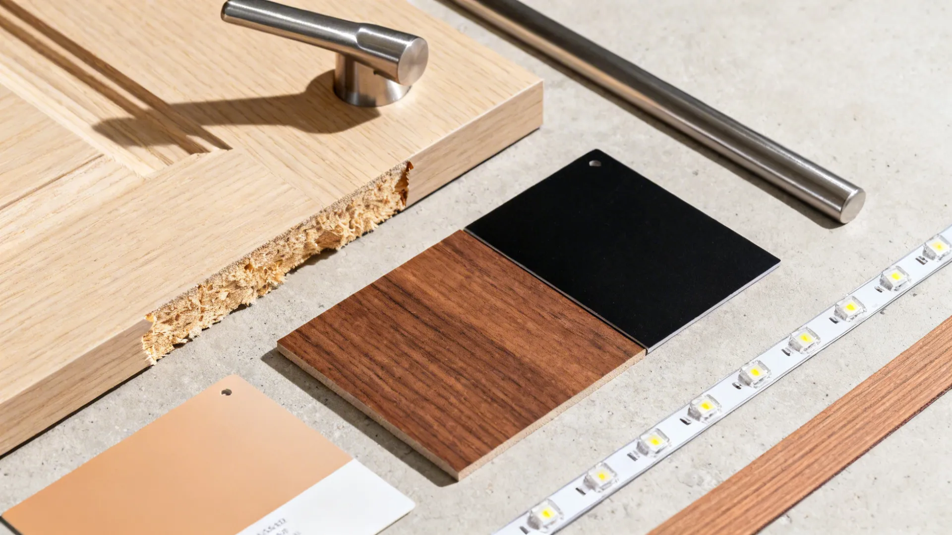 Material flat lay with birch plywood, high-pressure laminate swatches, edge banding, and hardware.