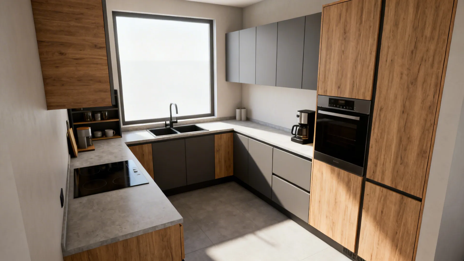 Small kitchen with plywood cabinets and laminate panels at sink and coffee areas for durability.