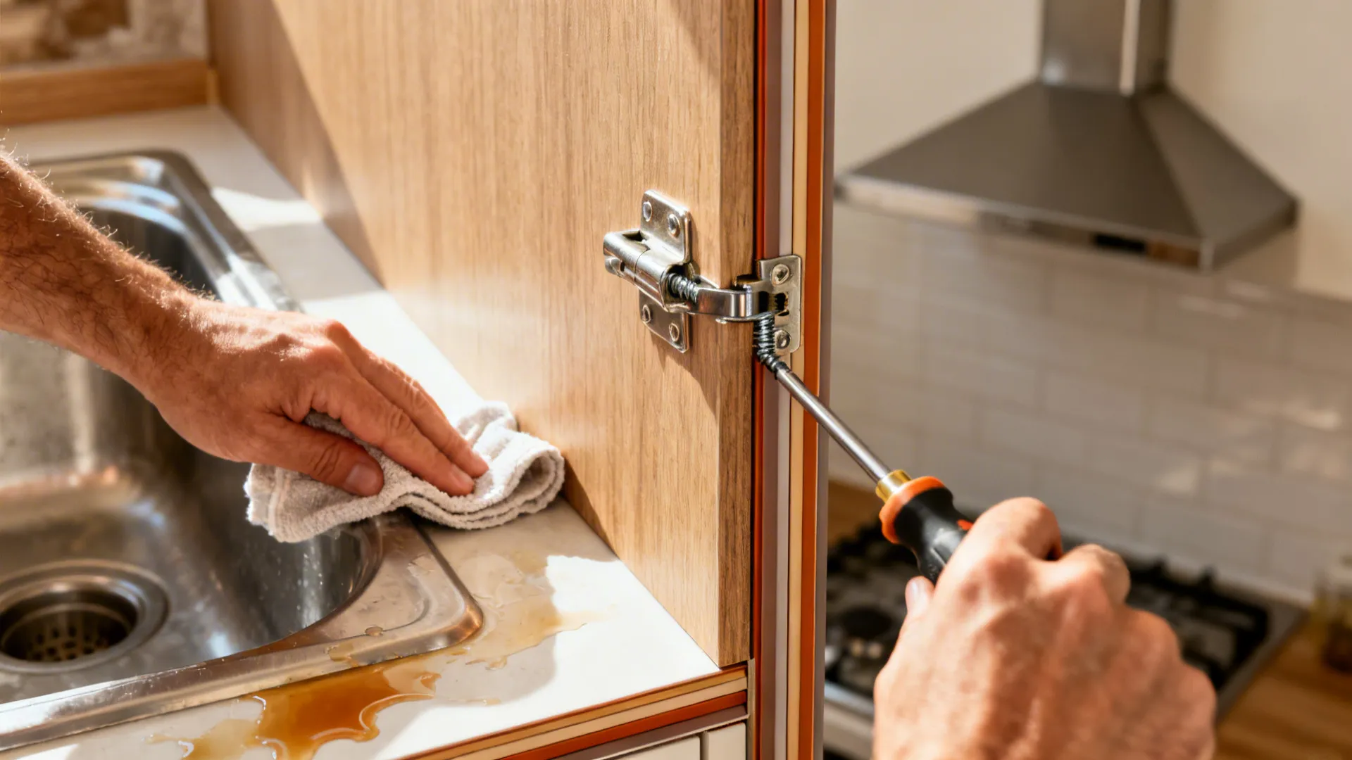 Macro of wiping a spill near a sink and tightening hinge screws on laminate cabinetry.