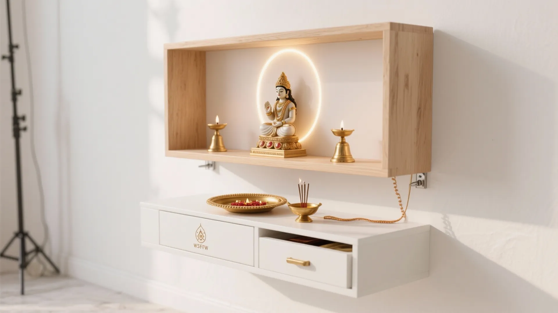 Floating shelves with brass and a slim drawer