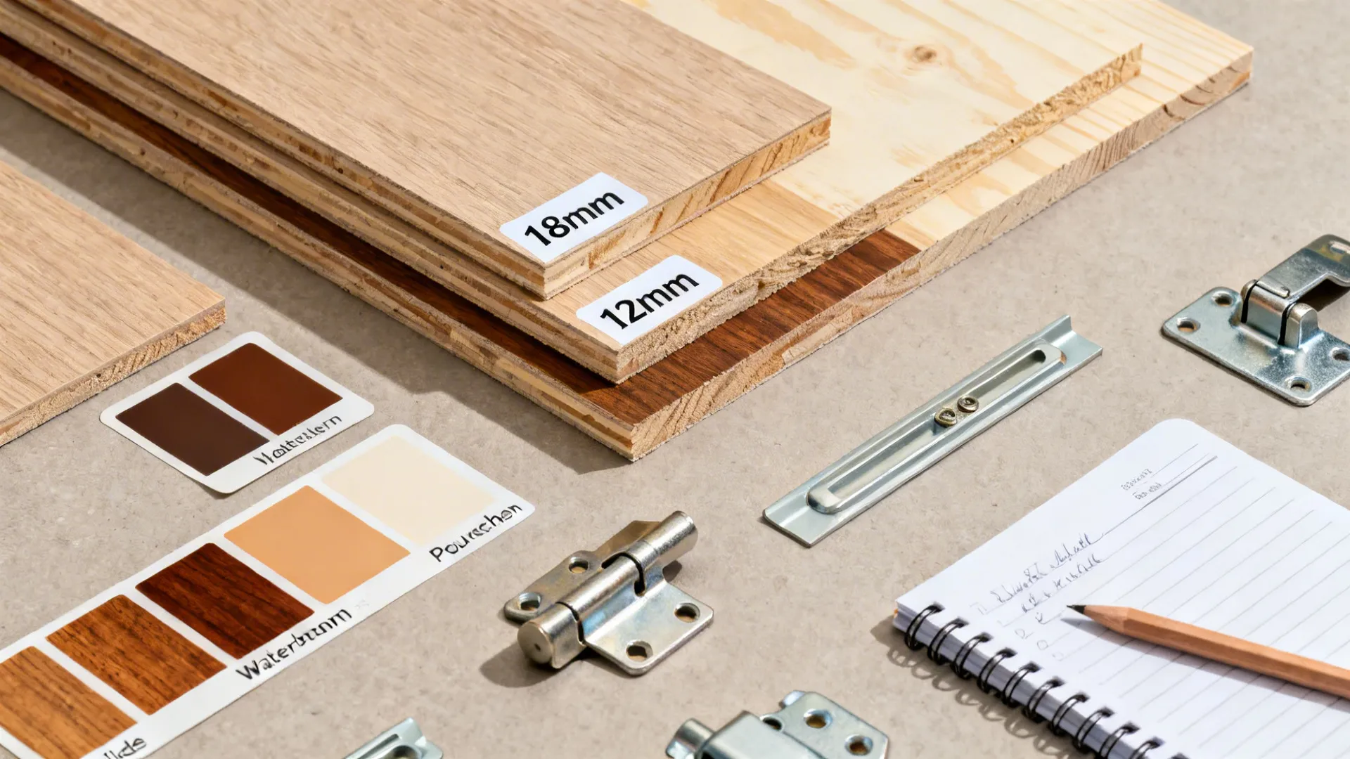 Top-down flat lay of multi-ply birch and maple cores with finishes and cabinet hardware for specification.