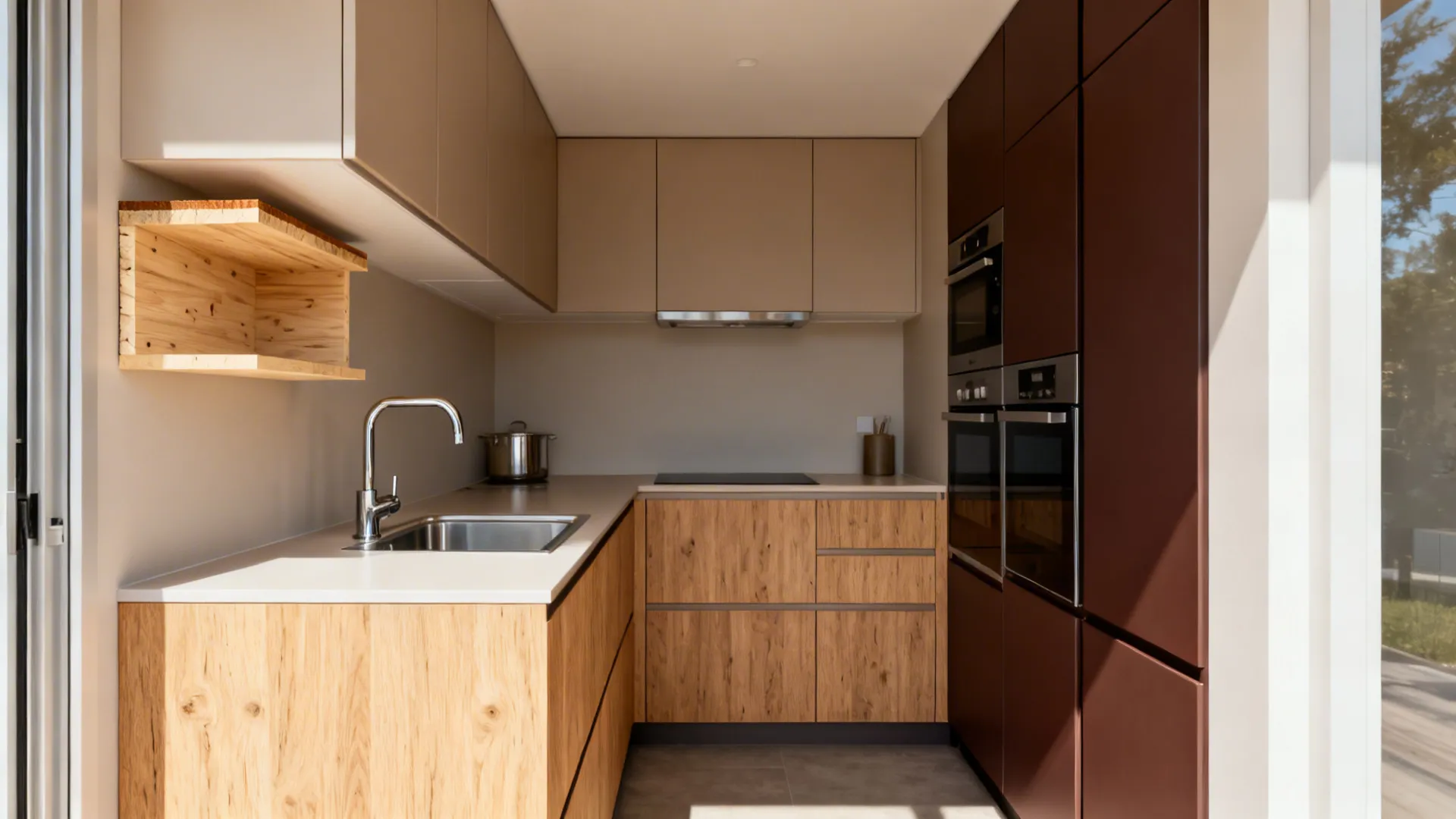 Compact kitchen wide shot showing BWP bases, BWR tall unit, MR uppers, birch shelf, and calibrated fronts.