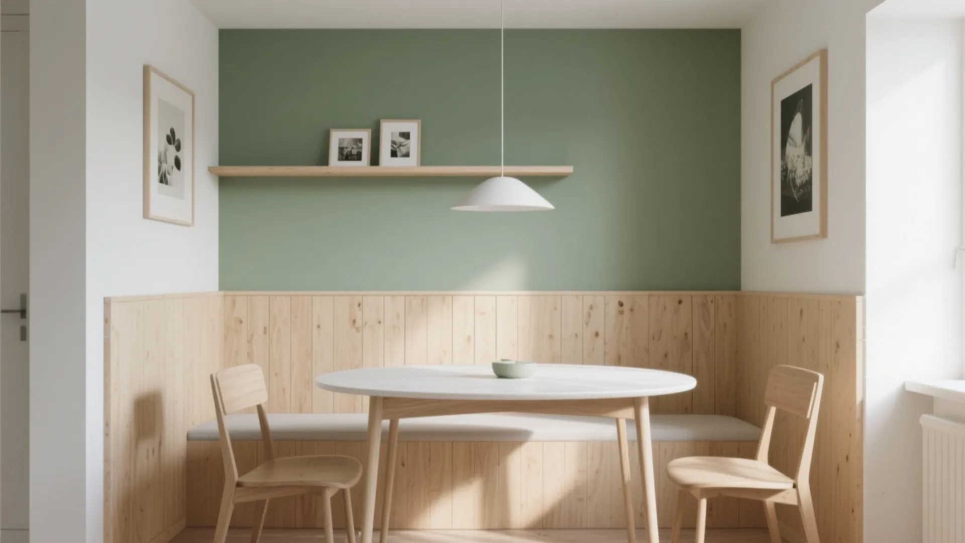 Two-tone plywood wainscot at 900 mm with muted green paint above and a slim art ledge in a cozy dining nook.