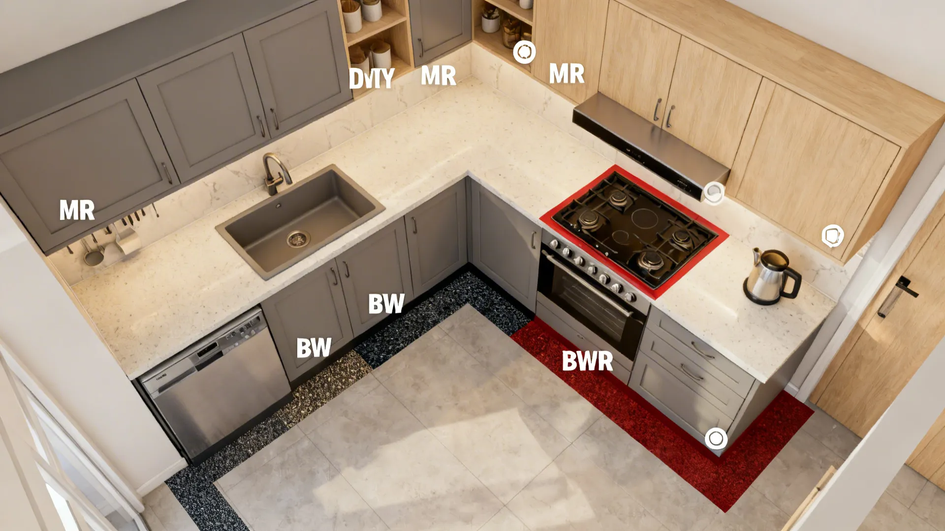 Top-down L-shaped kitchen plan indicating BWP, BWR, and MR zones by material textures.