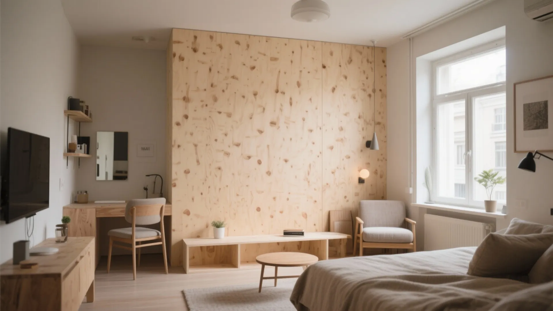 Minimalist bedroom featuring a natural wood wall panel a small desk and a grey sofa