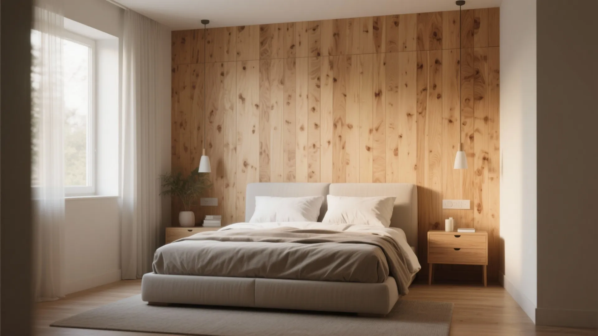 Minimalist bedroom featuring a large wooden wall panel with two hanging light fixtures and cozy bedding